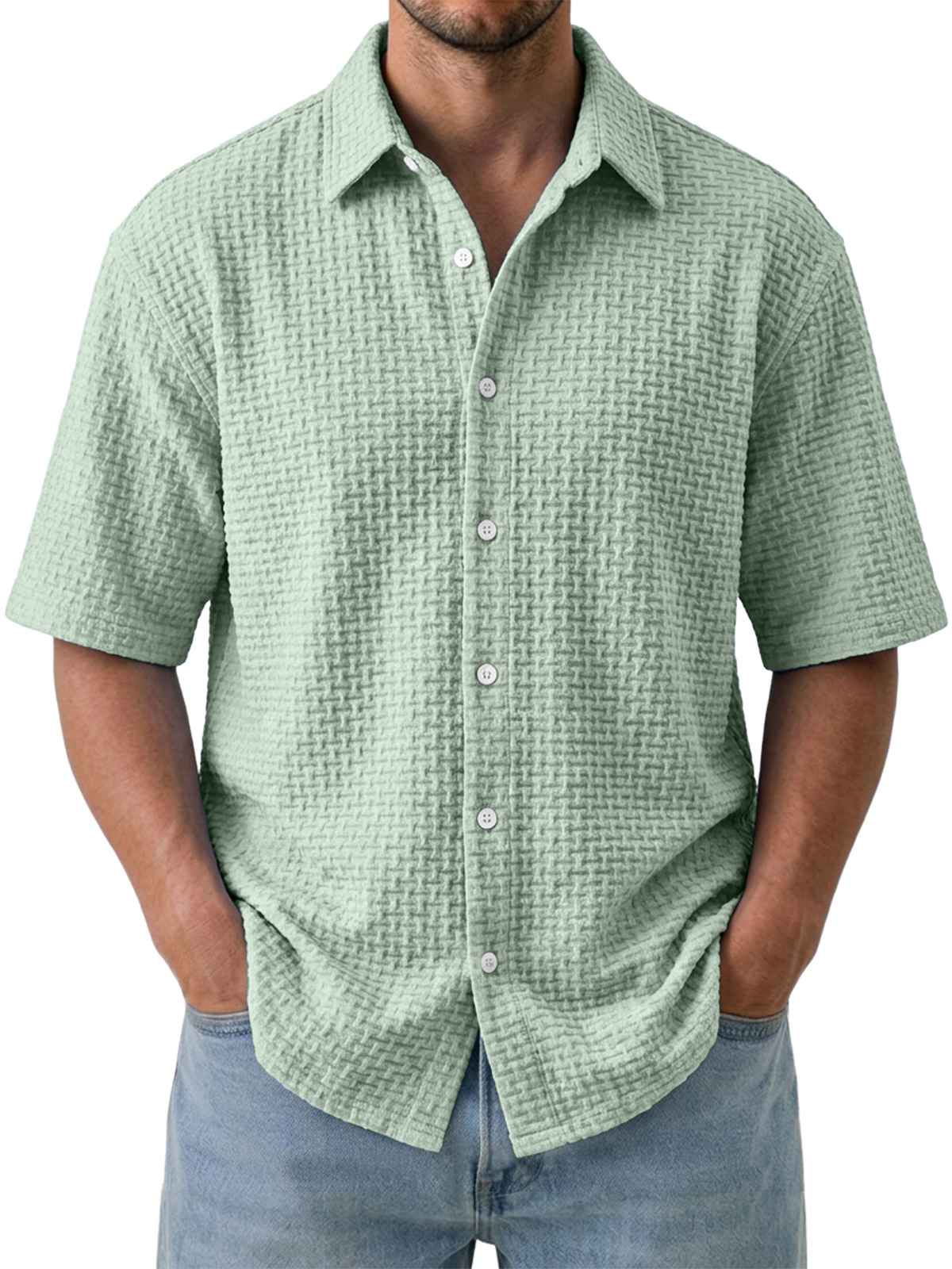 Men's Casual Comfortable Jacquard Textured Ice Silk Short Sleeve Shirt