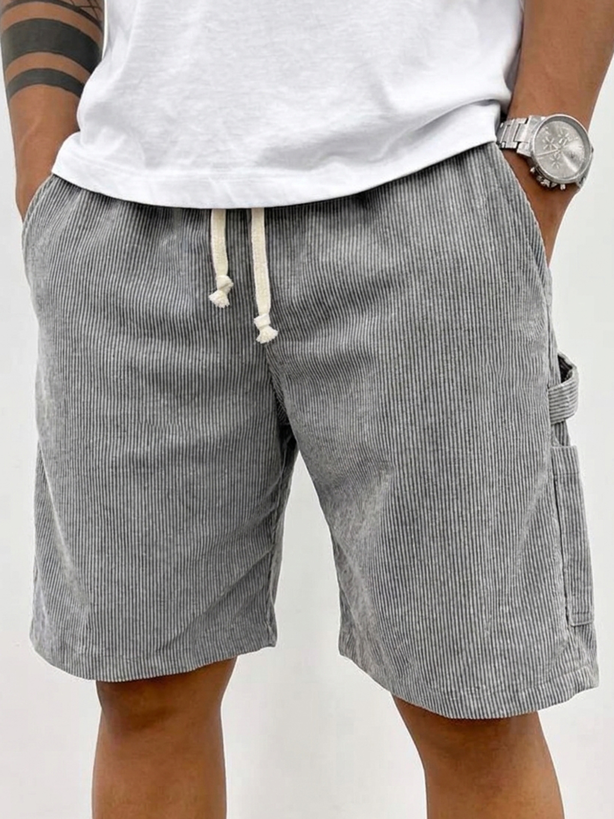 Men's Retro Embroidered Suede Logo Corduroy Stylish Drawstring Casual Shorts