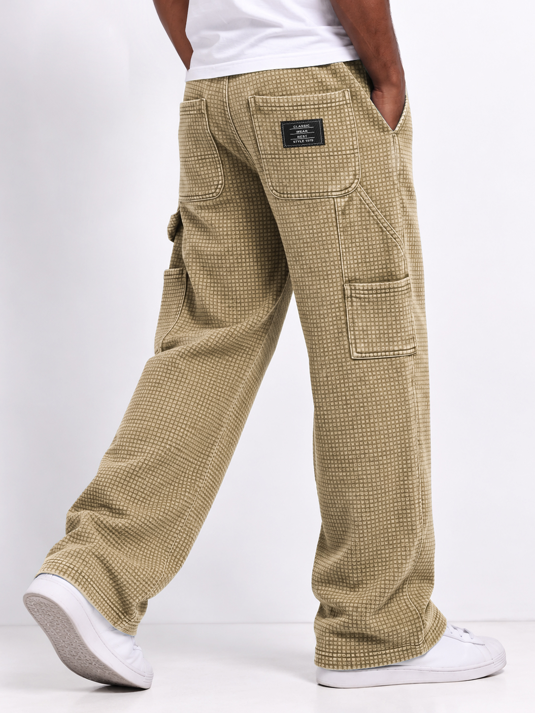 Men's Autumn Vintage Washed Distressed Waffle Knit Multi-Pocket Straight-Leg Pants