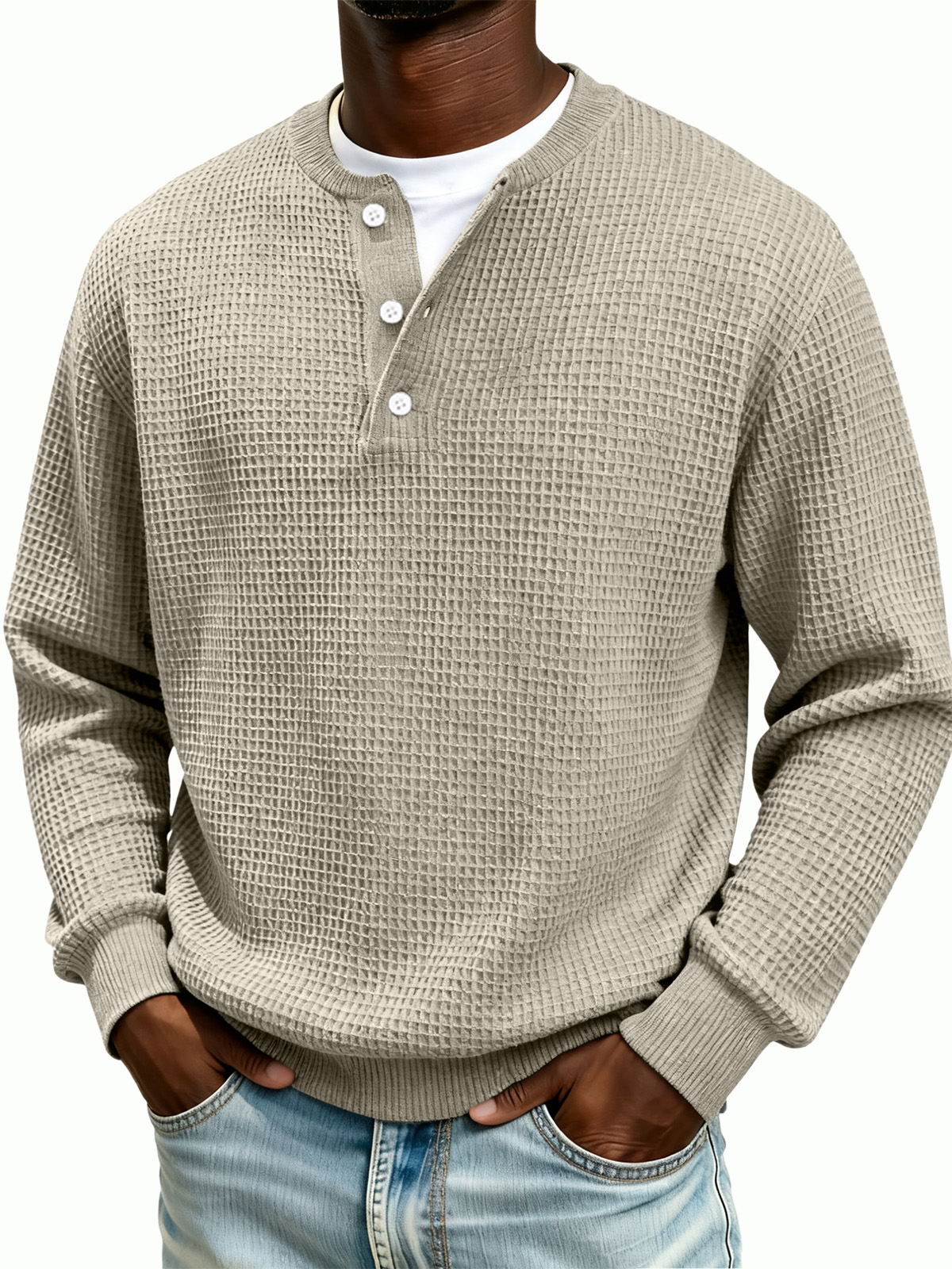Men's Waffle Knit Henley Collar Long-Sleeve Sweatshirt