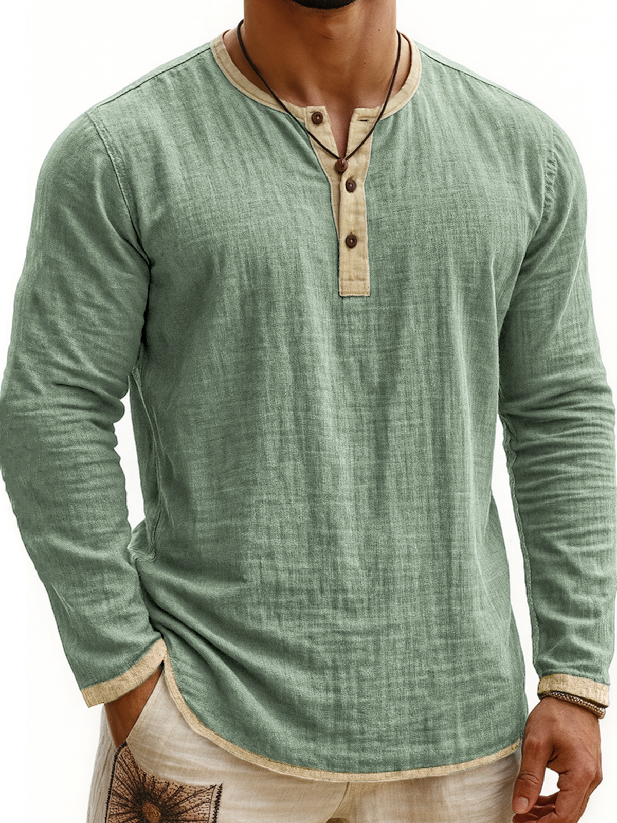 Men's Breathable Linen Vintage Contrast Casual Henley Shirt