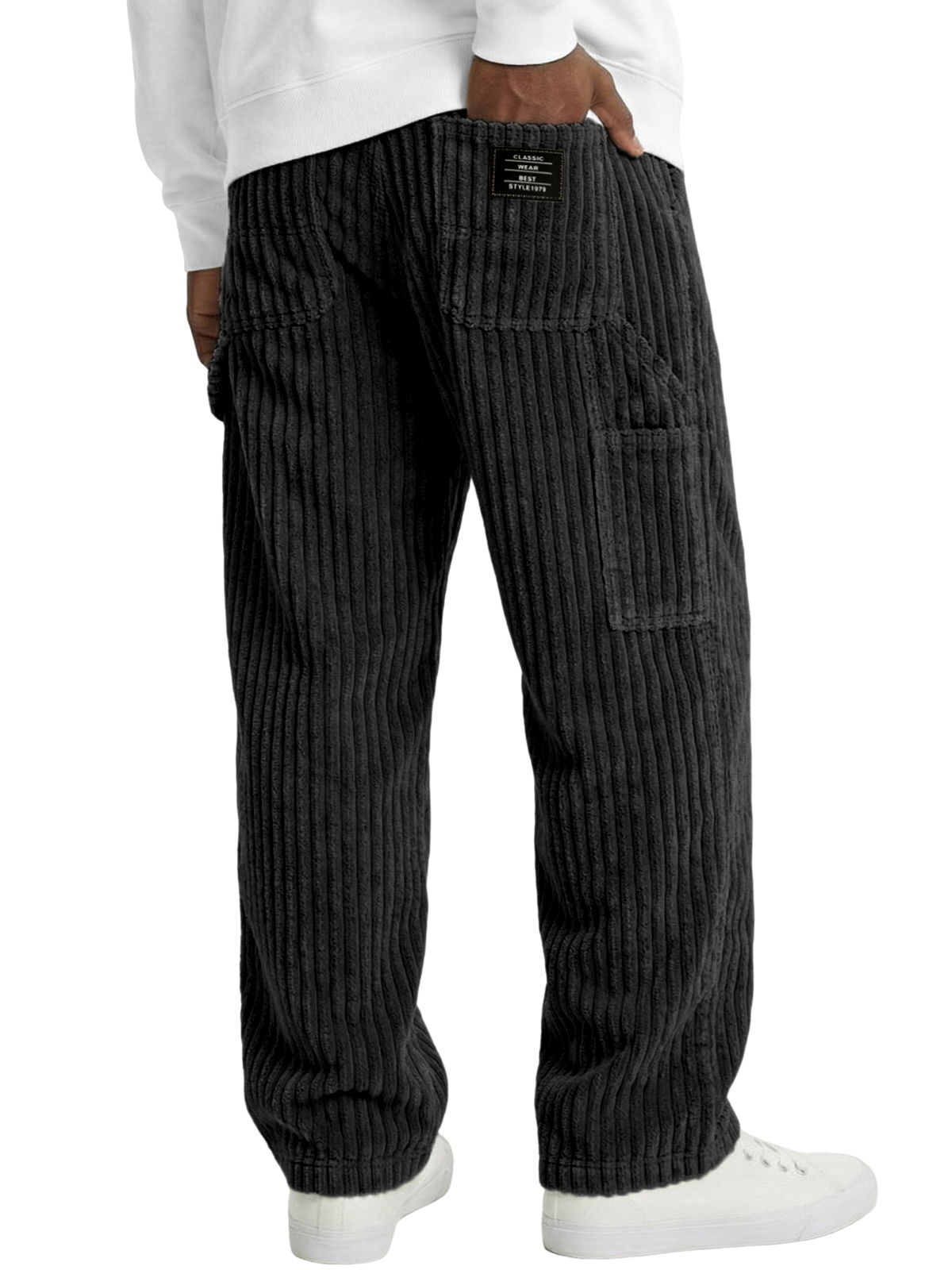 Men's Vintage Practical Corduroy Trousers with Multiple Pockets and Embroidered Label