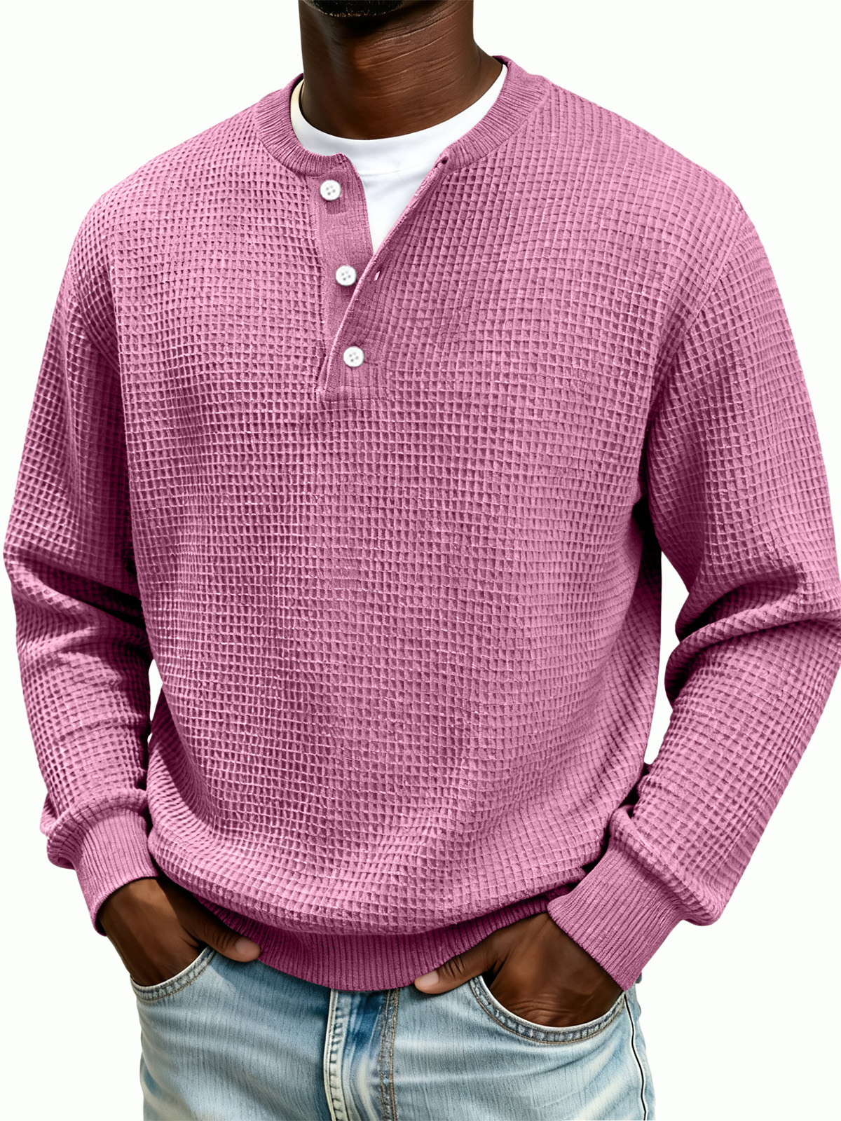Men's Waffle Knit Henley Collar Long-Sleeve Sweatshirt