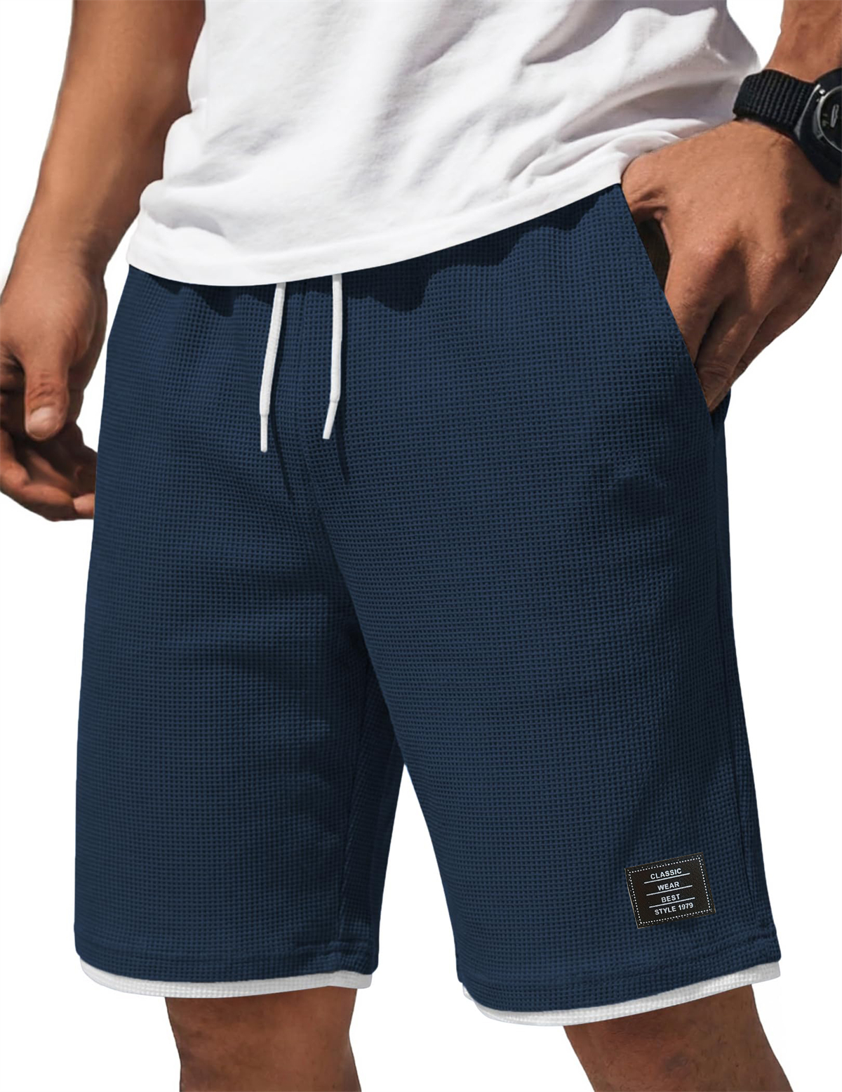 Men's Waffle-Knit Casual Shorts with Contrast Embroidery Logo
