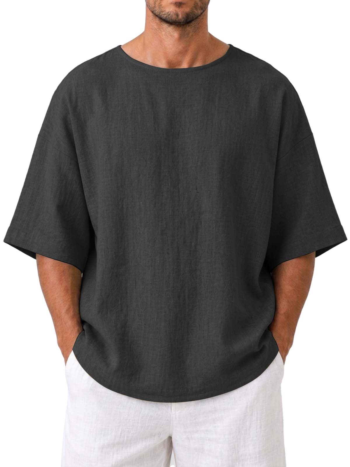 Cotton Linen Round Neck Loose Fit Casual Short Sleeve Top