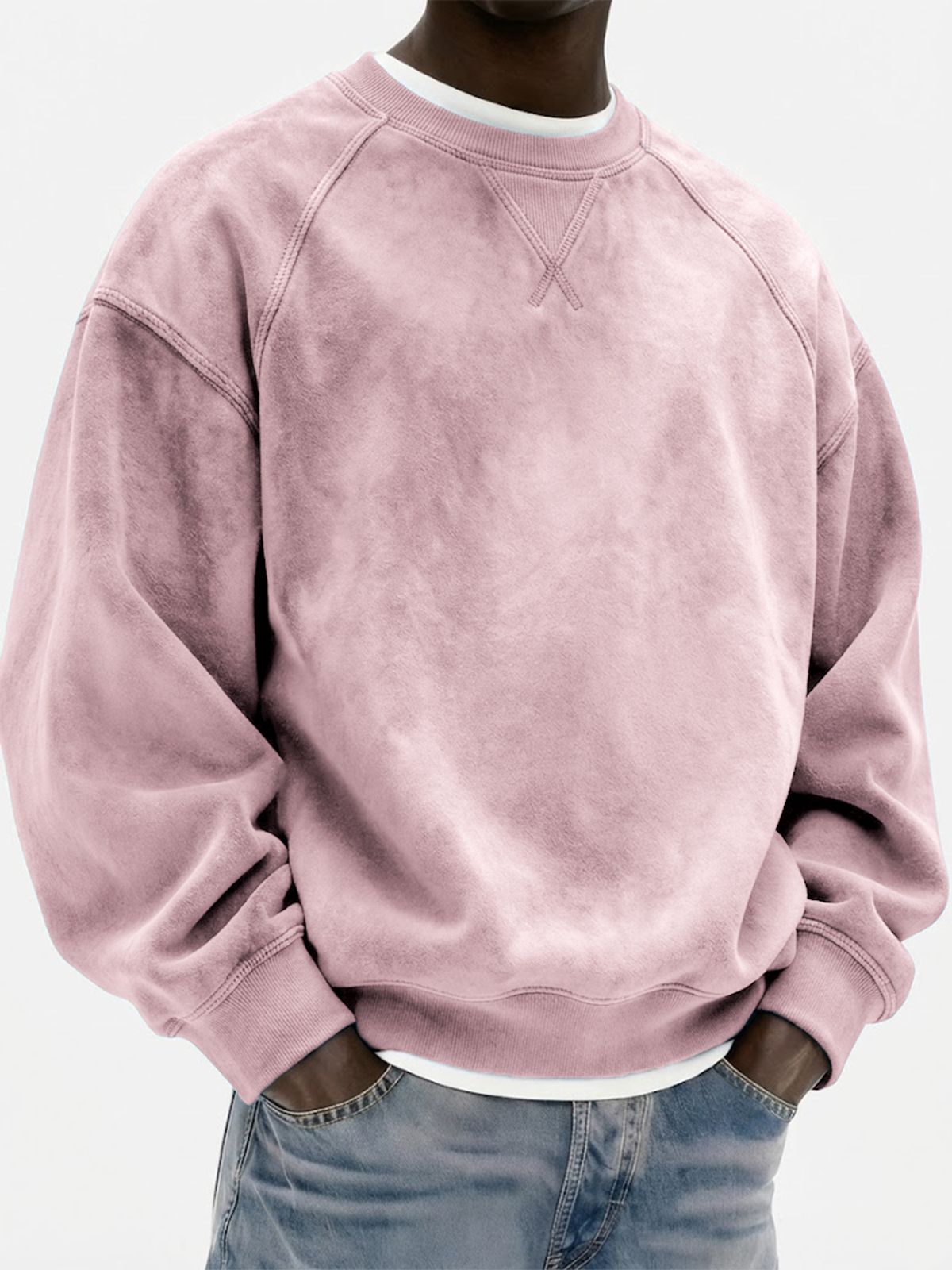 Men's Vintage Suede Heavyweight Raglan Patchwork Pullover Sweatshirt