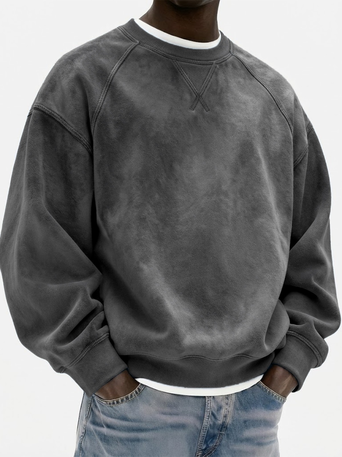 Men's Vintage Suede Heavyweight Raglan Patchwork Pullover Sweatshirt