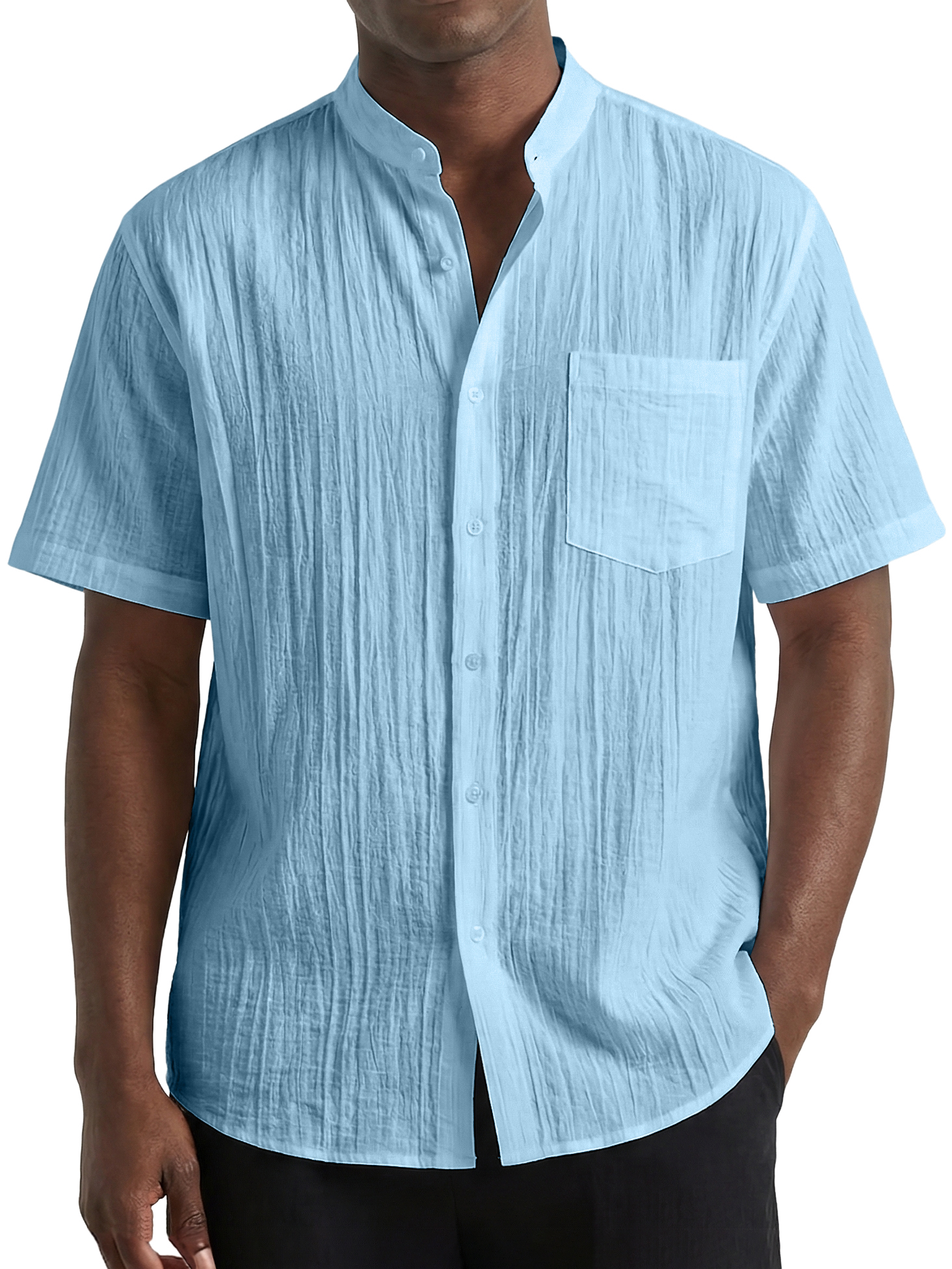 Men's Pleated Striped Textured Comfortable Breathable Short Sleeve Shirt
