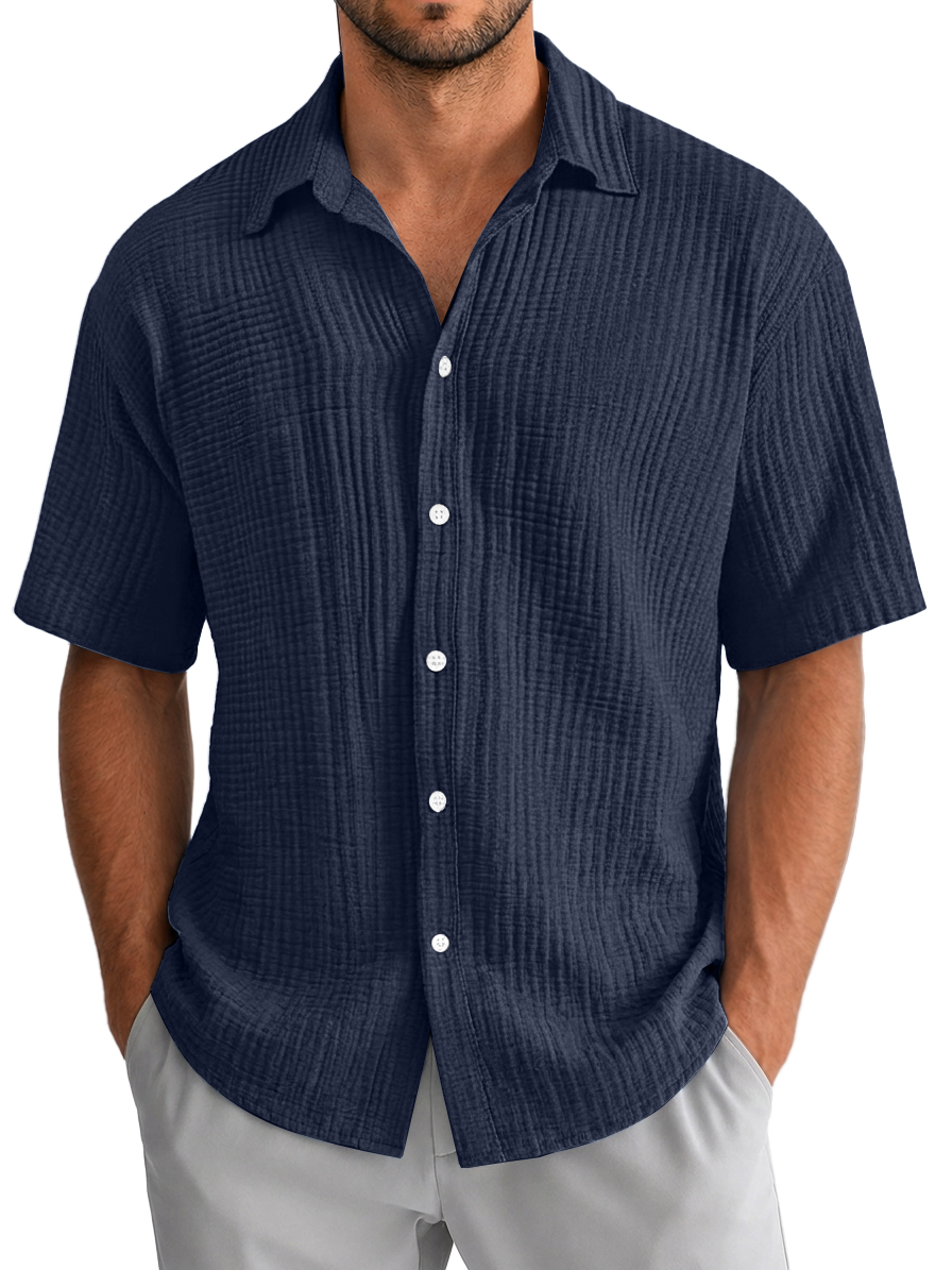Men's Casual Loose Textured 100% Cotton Short Sleeve Shirt