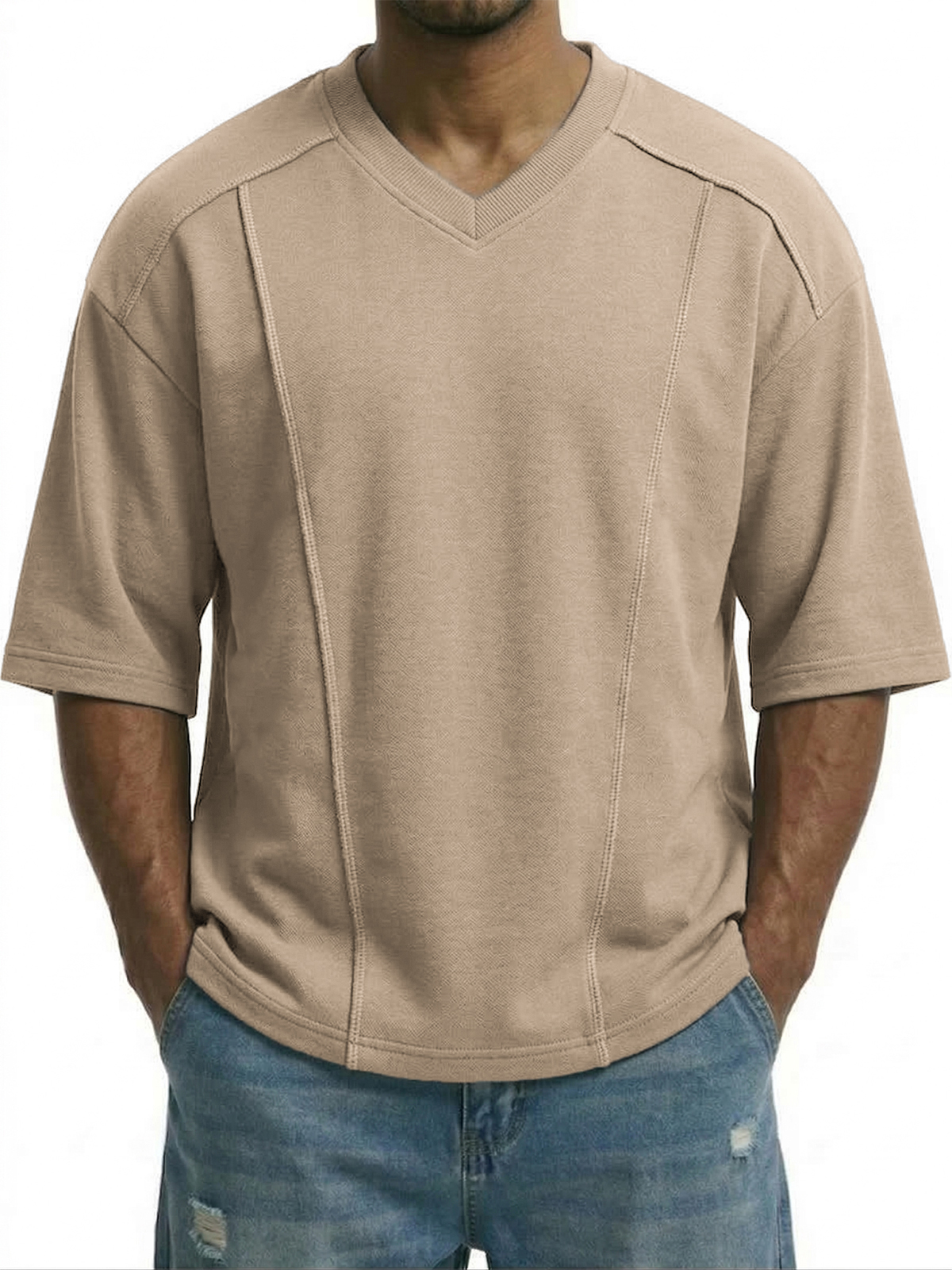 Men's Deconstructed Design Patchwork V-neck Pullover T-shirt