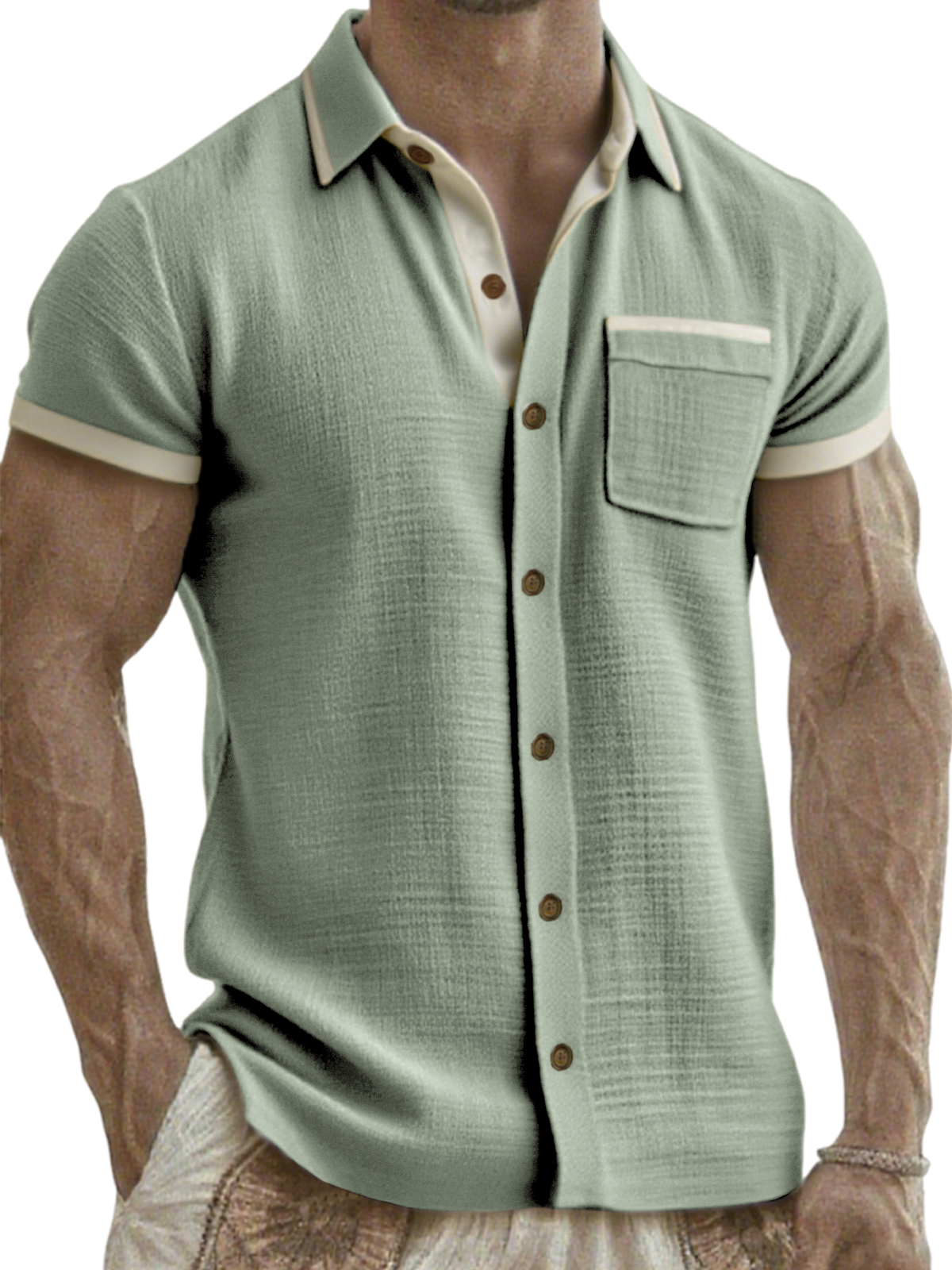 Men's Breathable Linen Colorblock Casual Short Sleeve Shirt with Chest Pocket