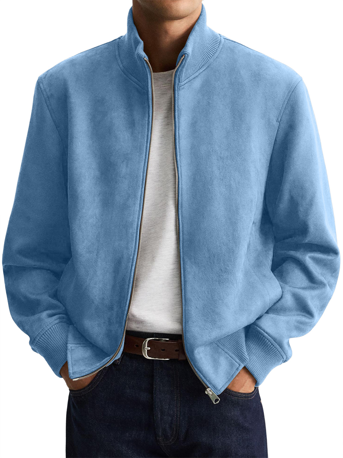 Men's Suede Stand Collar Zip-Up Jacket