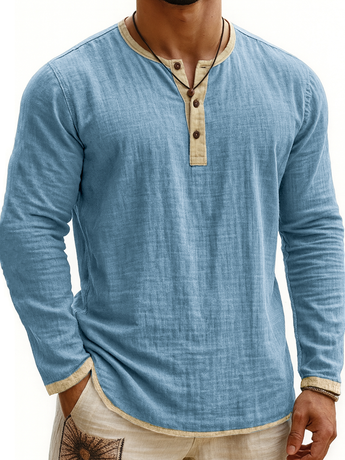 Men's Breathable Linen Vintage Contrast Casual Henley Shirt