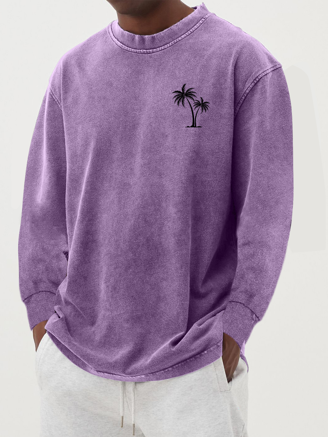Men's 100% Cotton Vintage Washed Distressed Palm Tree Long-sleeved T-shirt
