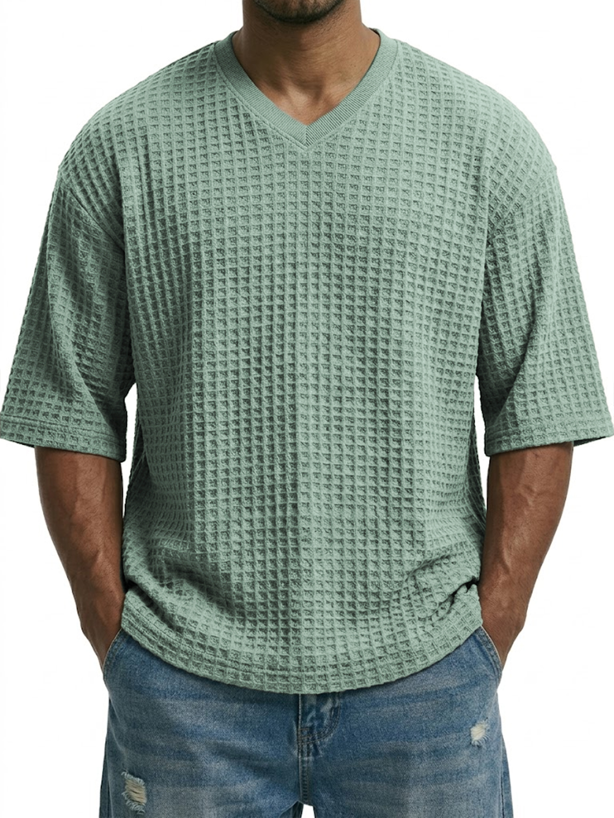 V-neck Pullover Waffle Knit Short-sleeved Top