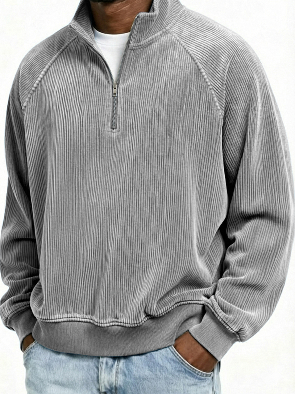 Mokaloha-Men's Simple Ribbed Quarter-Zip Raglan Sleeve Pullover Polo Shirt
