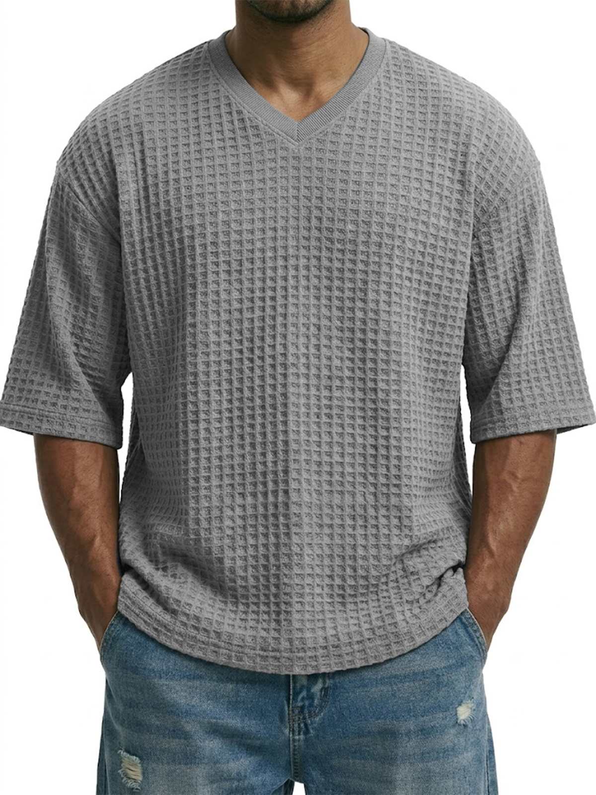 V-neck Pullover Waffle Knit Short-sleeved Top