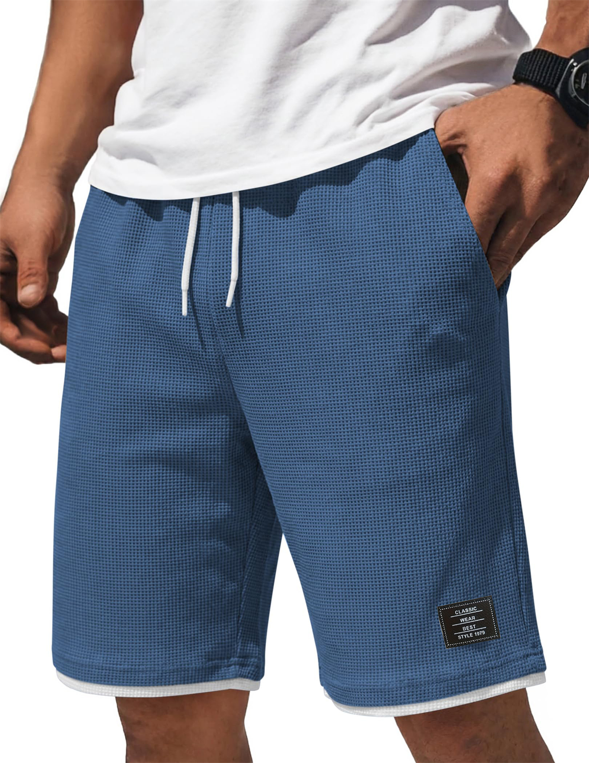 Men's Waffle-Knit Casual Shorts with Contrast Embroidery Logo