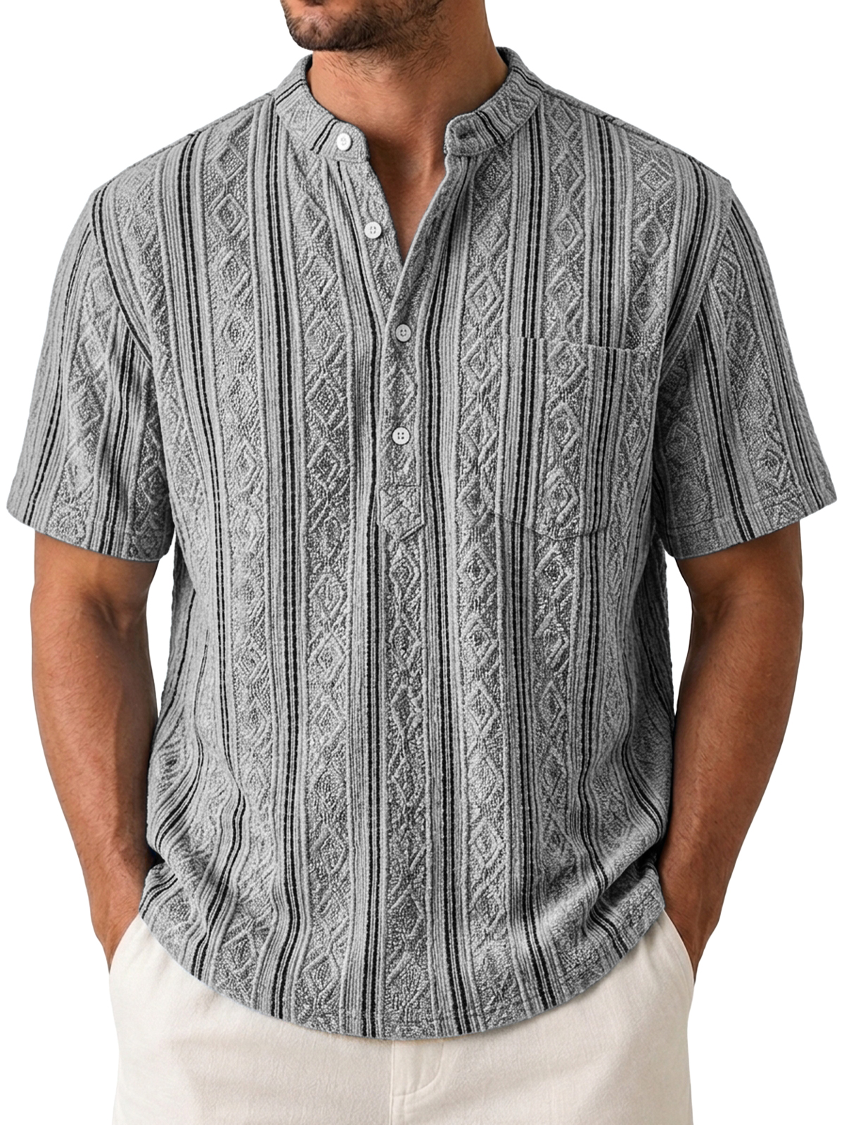 Men's Casual Jacquard Textured Breathable Short Sleeve Henley Shirt