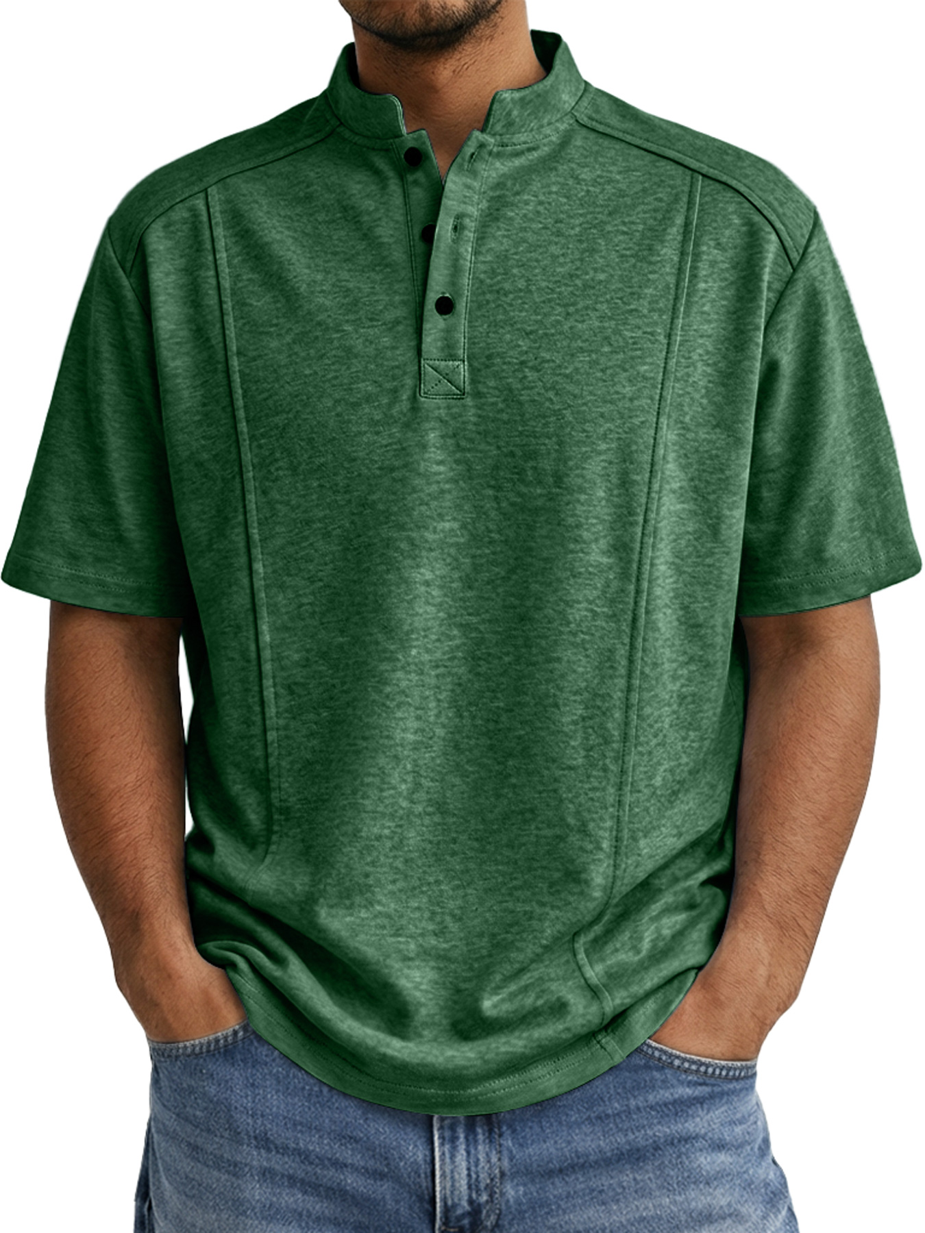 Men's Deconstructed Stand-Collar Button-Front Short-Sleeve Henley