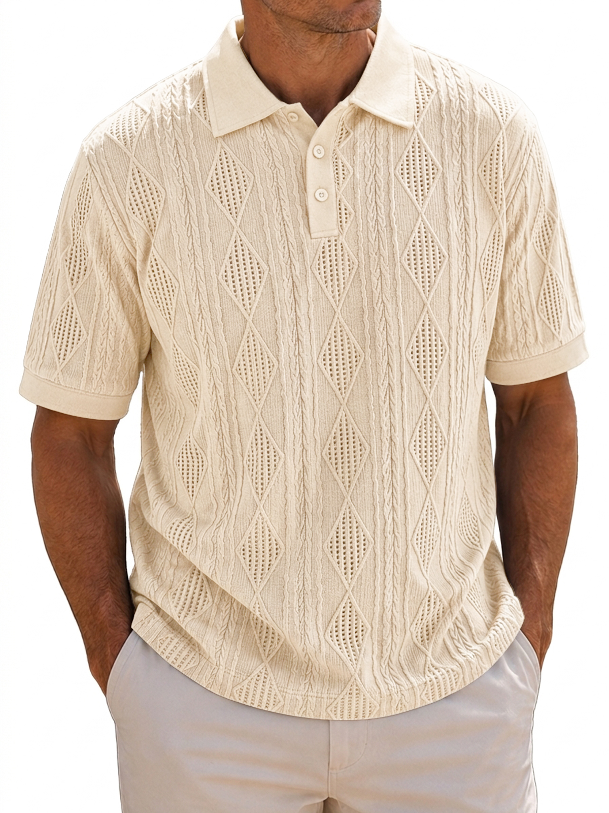 Men's Casual Jacquard Textured Breathable Collared Short Sleeve Polo Shirt