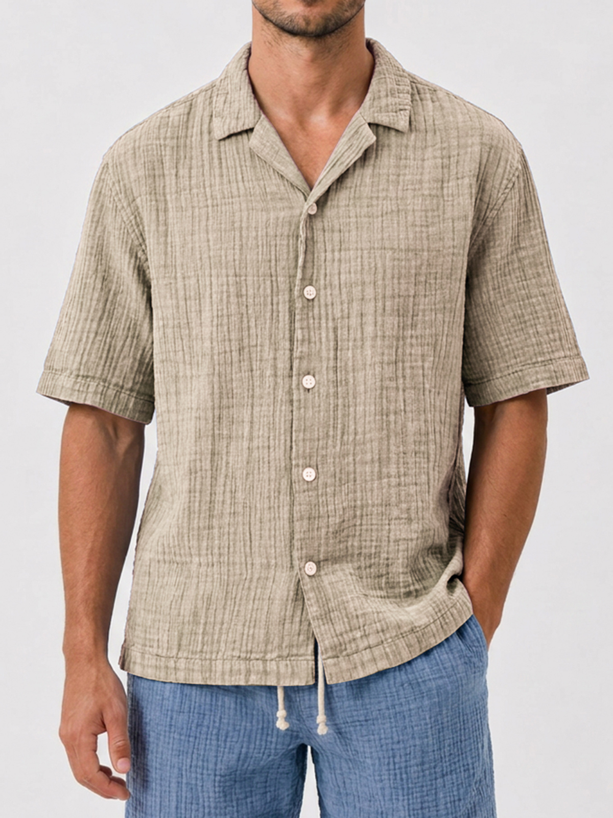 Men's Casual Loose Comfortable Textured Cuban Collar Short Sleeve Shirt