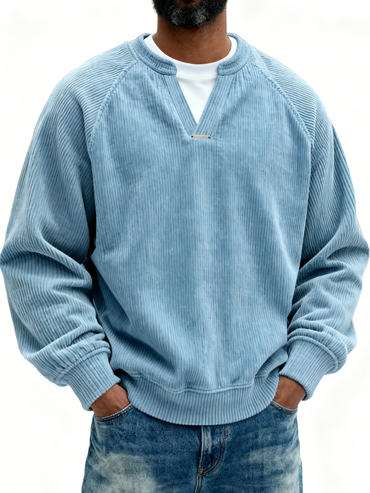 Men's Retro Casual Corduroy V-Neck Faux Two-Piece Long-Sleeve T-Shirt