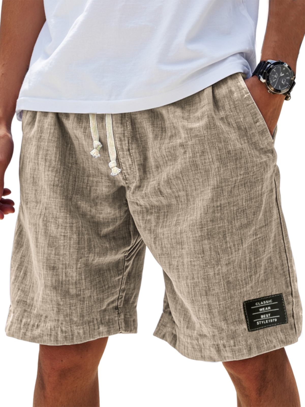Mens Linen Vacation Classic Embroidered Label Everyday Comfort Shorts