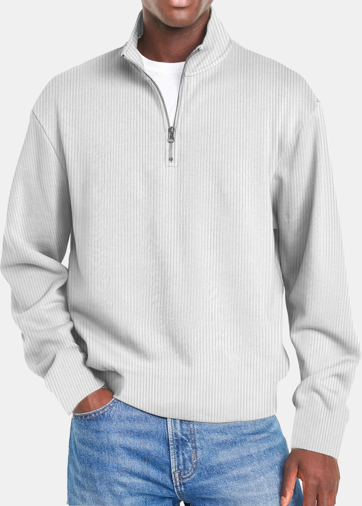 Men's Simple Vertical Strip Comfortable Zipper Long-sleeved Polo Shirt