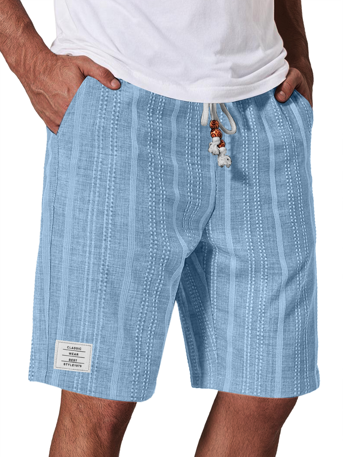 Men's Casual Linen Jacquard Striped Textured Elastic Waist Shorts