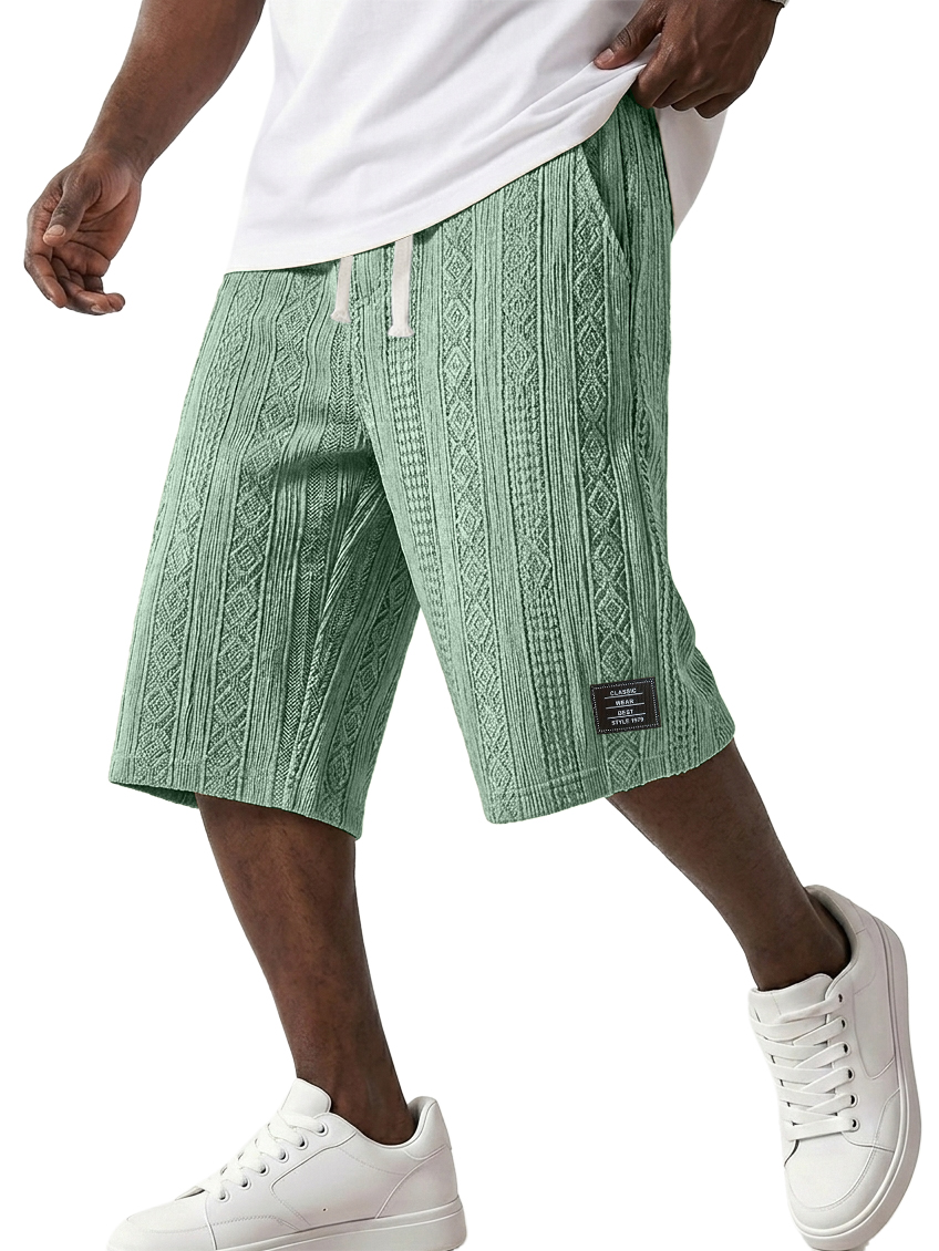 Men's Striped Jacquard Casual Embroidered Logo Elastic Waist Solid Color Shorts