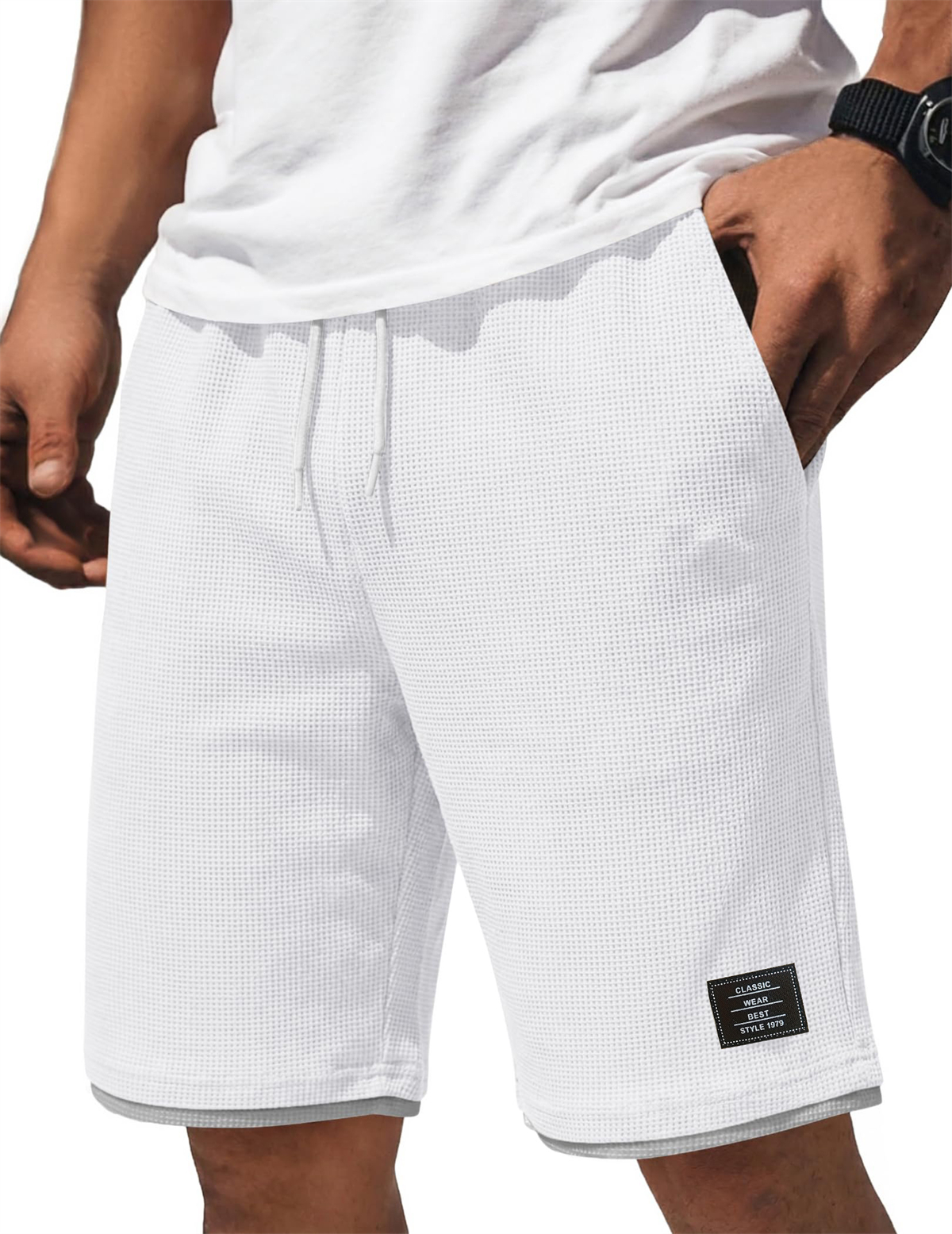 Men's Waffle-Knit Casual Shorts with Contrast Embroidery Logo