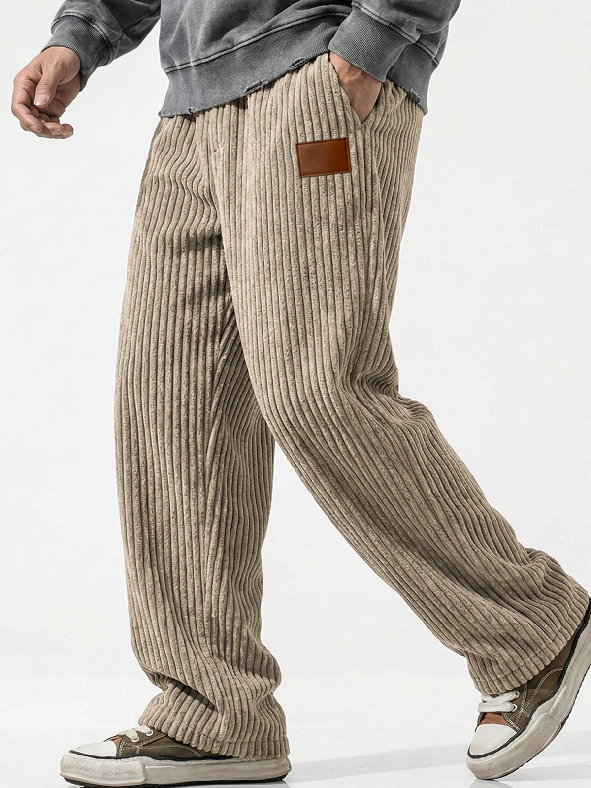 Vertical Striped Corduroy Pants with Embroidery