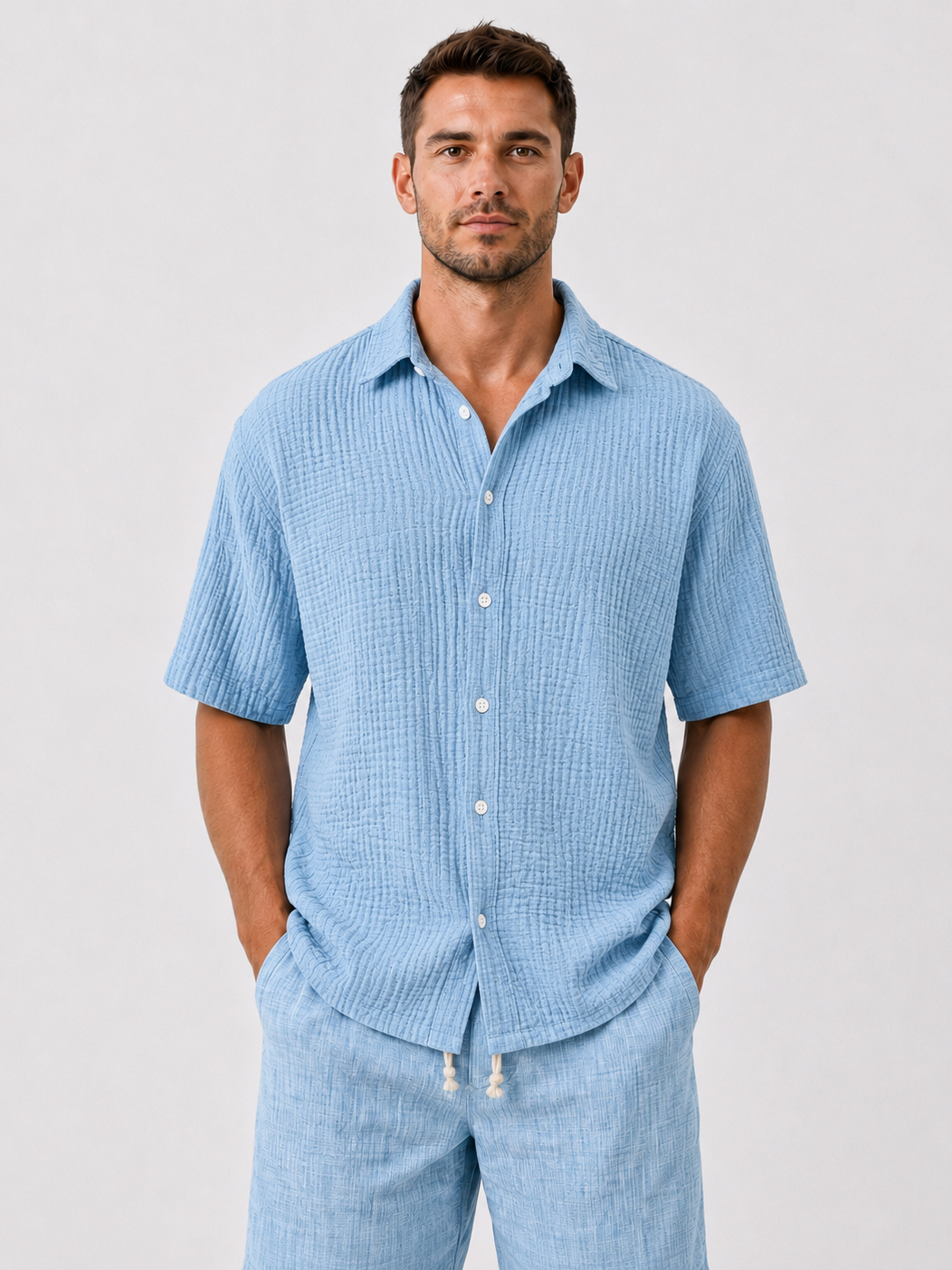 Men's Casual Loose Textured 100% Cotton Short Sleeve Shirt