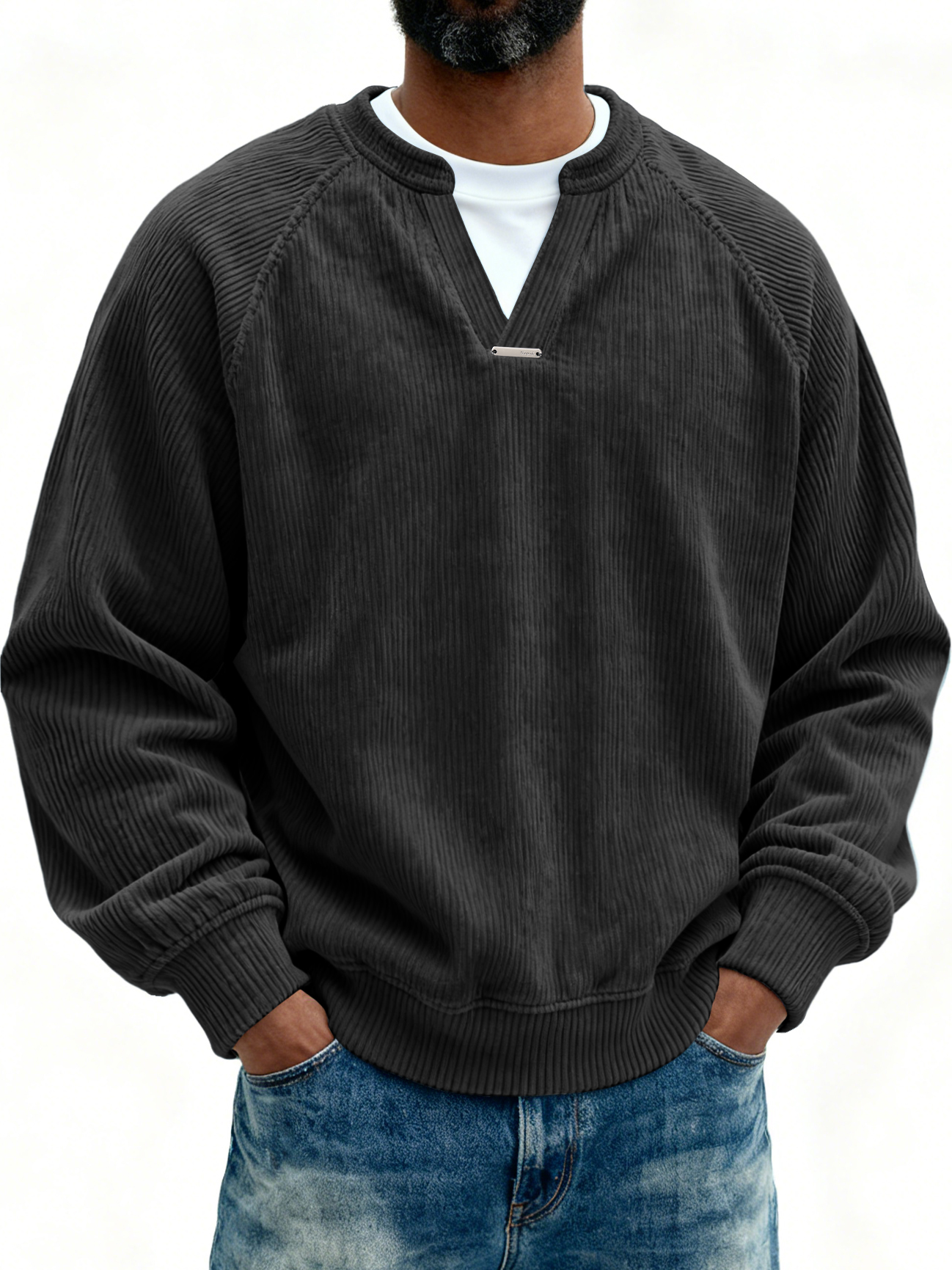 Men's Retro Casual Corduroy V-Neck Faux Two-Piece Long-Sleeve T-Shirt