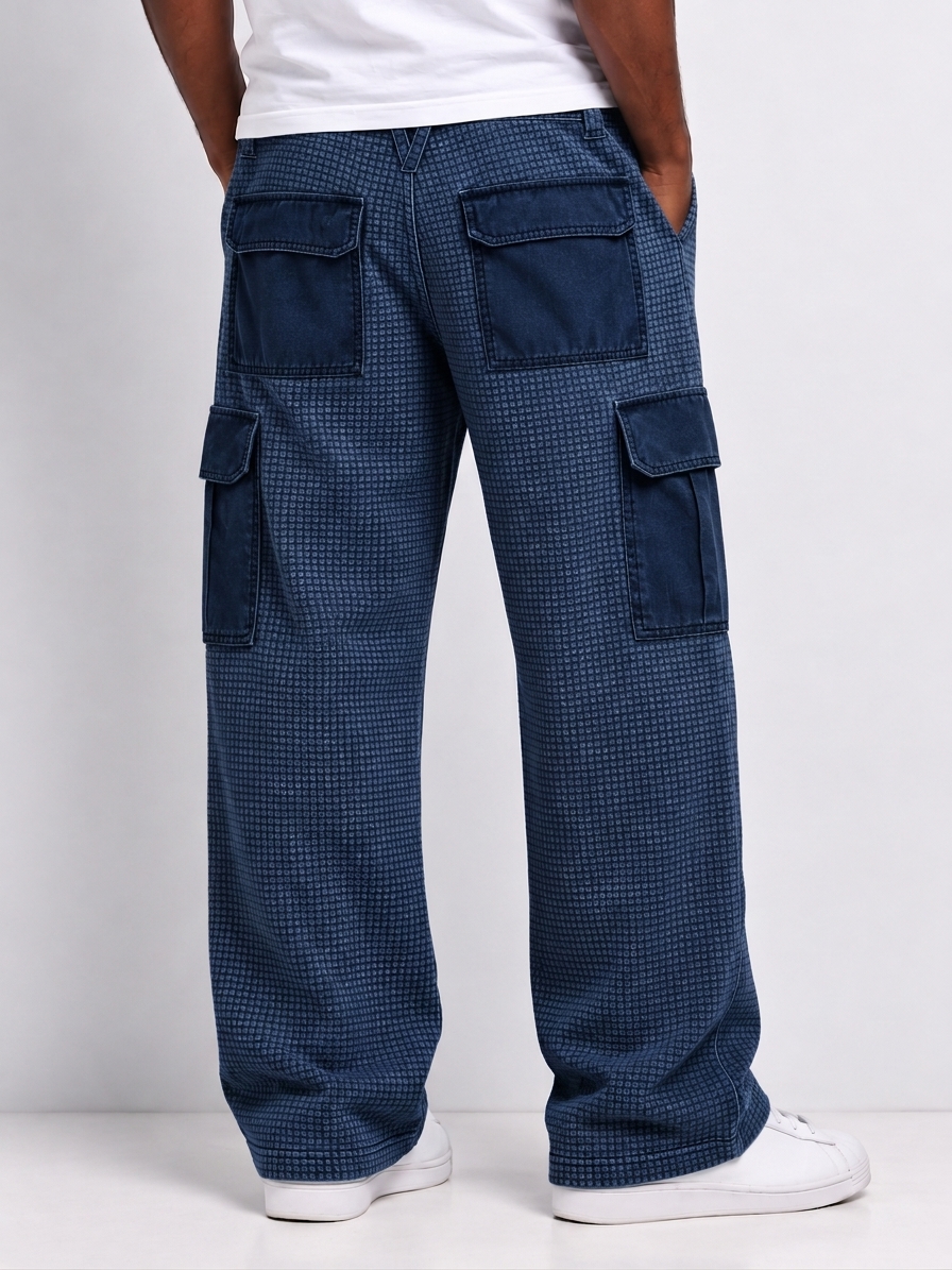 Men's Retro Distressed Washed Contrast Multi-pocket Straight Pants