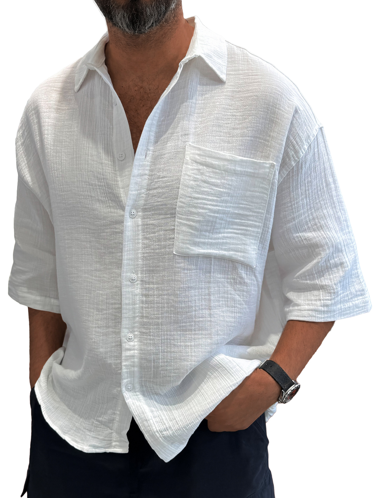 Men's Casual Loose Textured Striped Cool Short-Sleeve Shirt