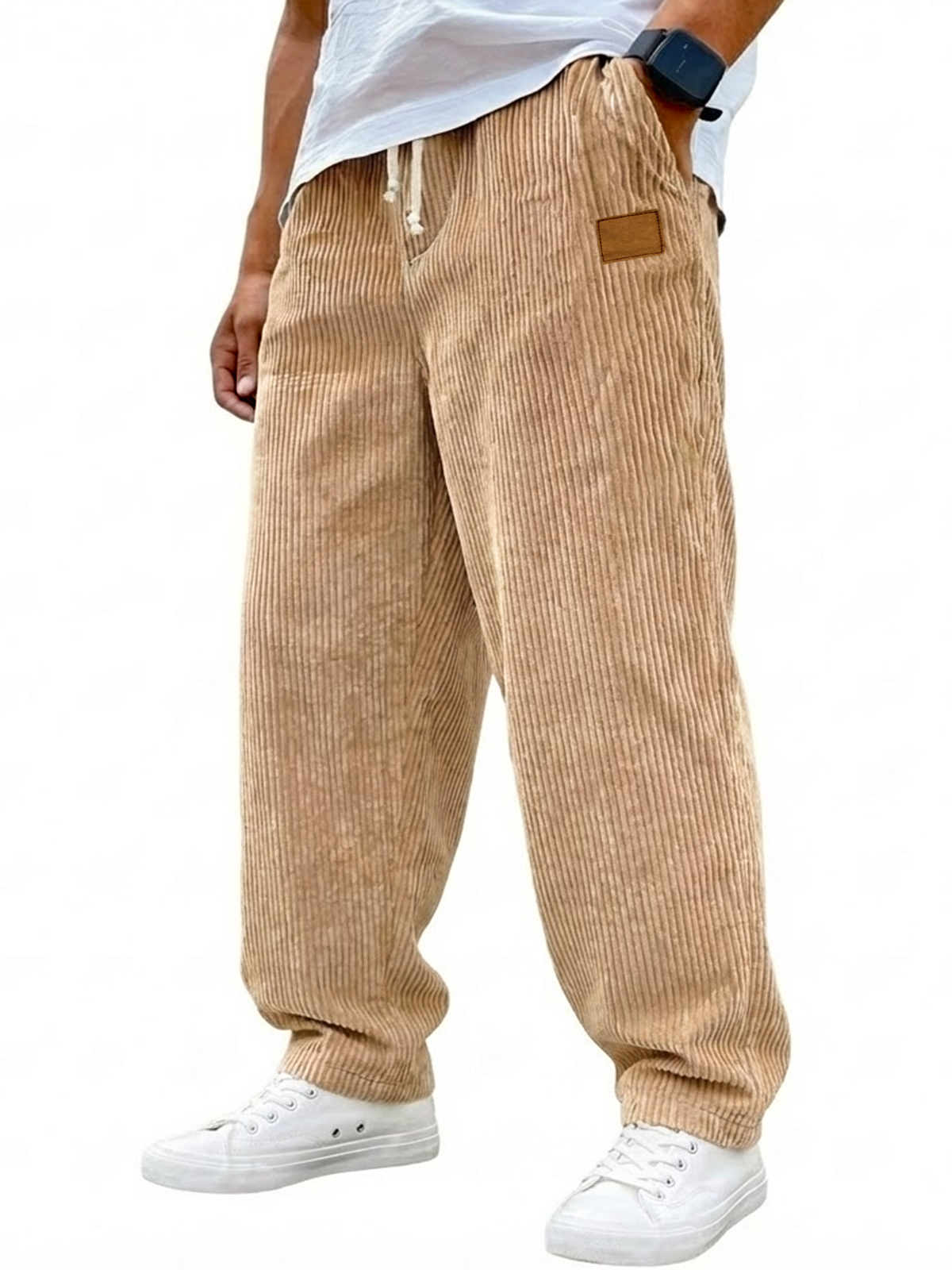 Men's Vintage Corduroy Texture Casual Drawstring Embroidered Label Trousers