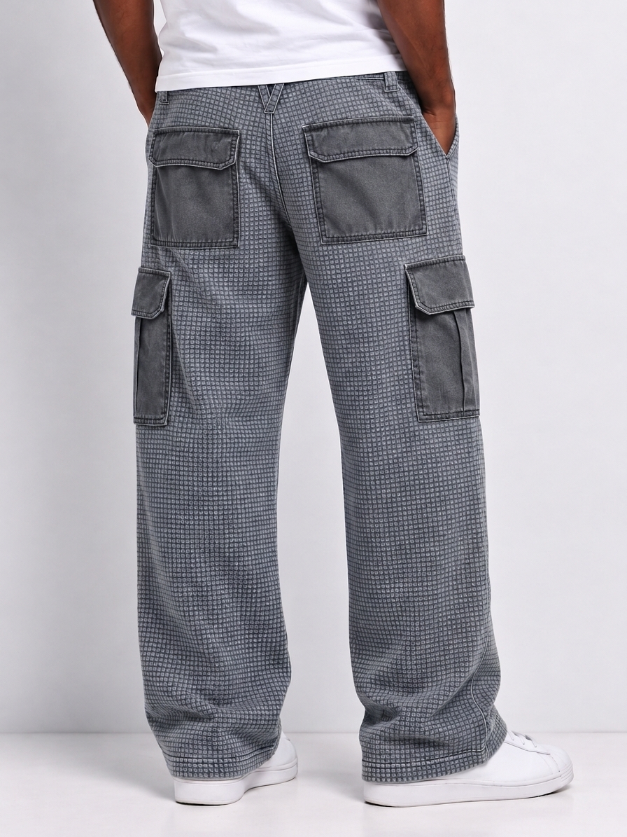 Men's Retro Distressed Washed Contrast Multi-pocket Straight Pants