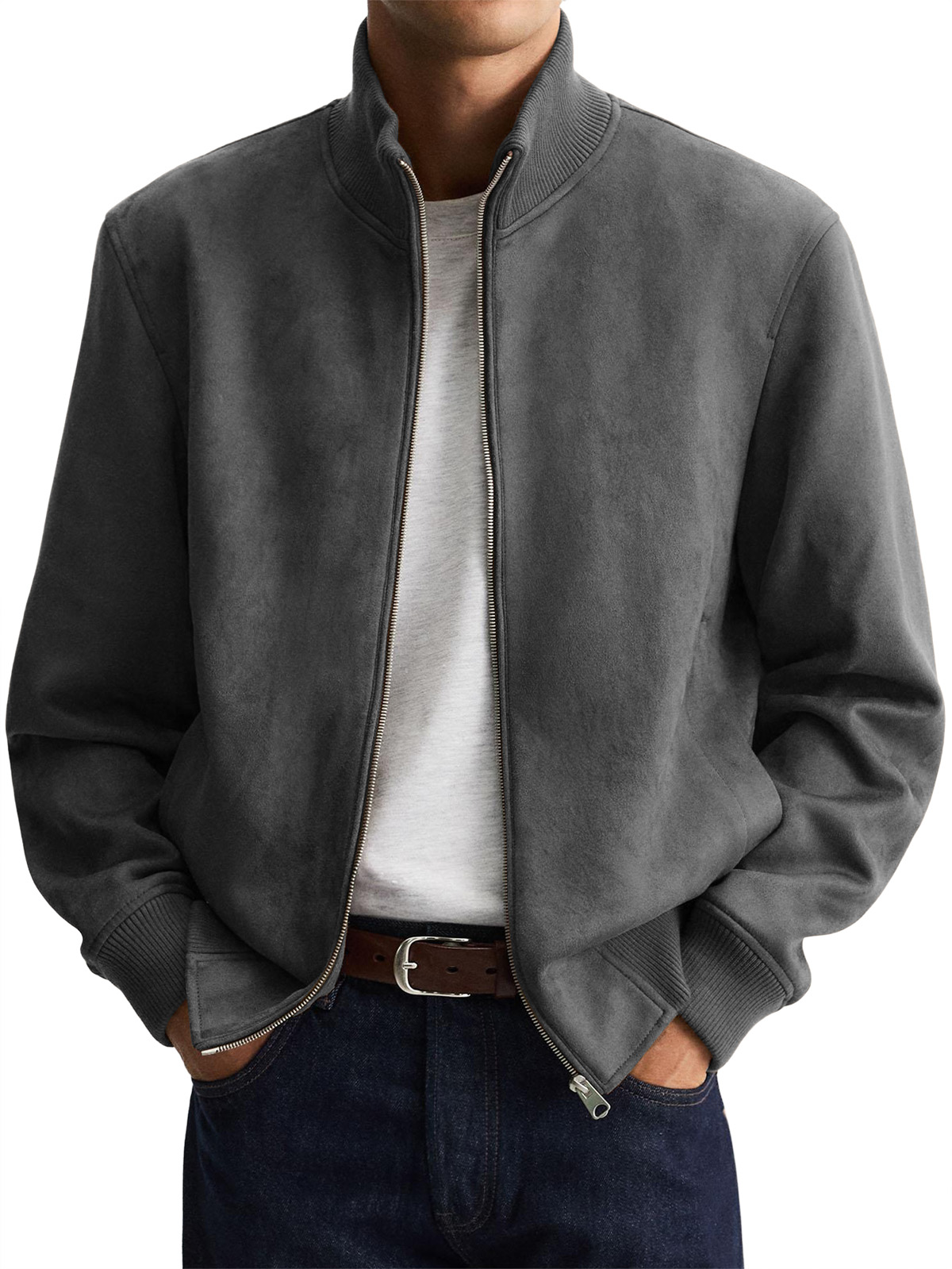 Men's Suede Stand Collar Zip-Up Jacket
