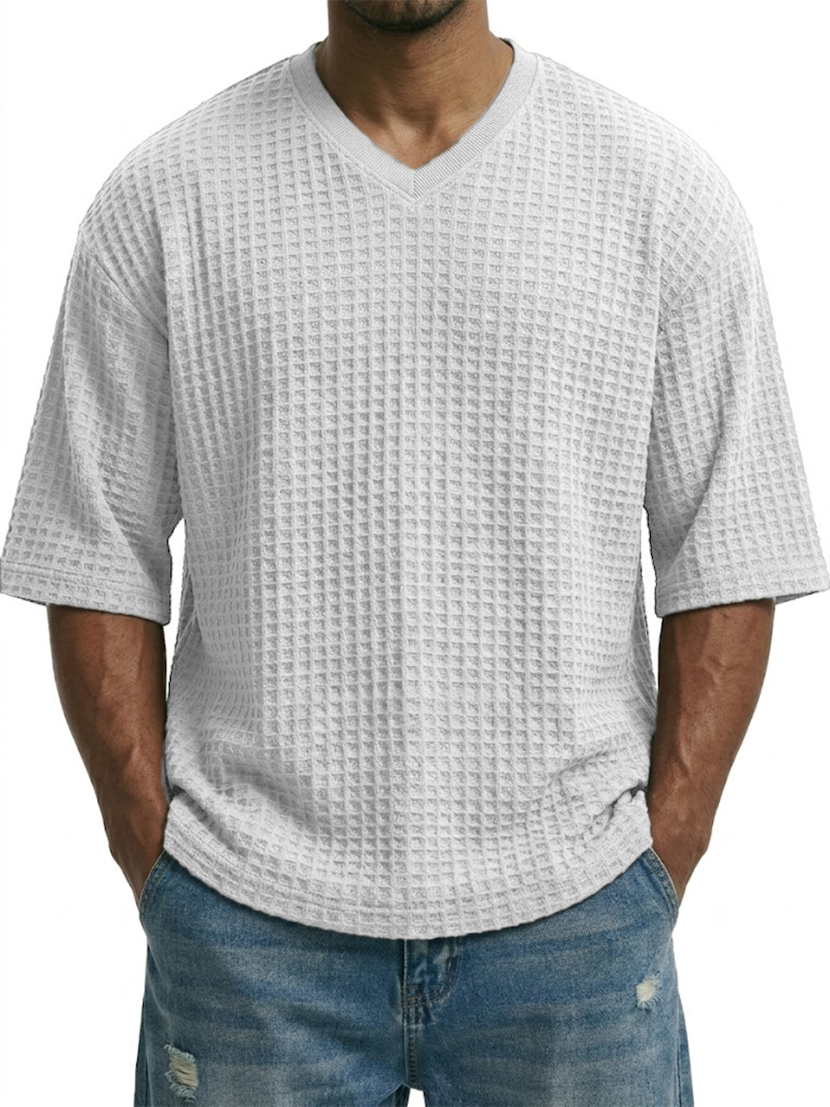 V-neck Pullover Waffle Knit Short-sleeved Top