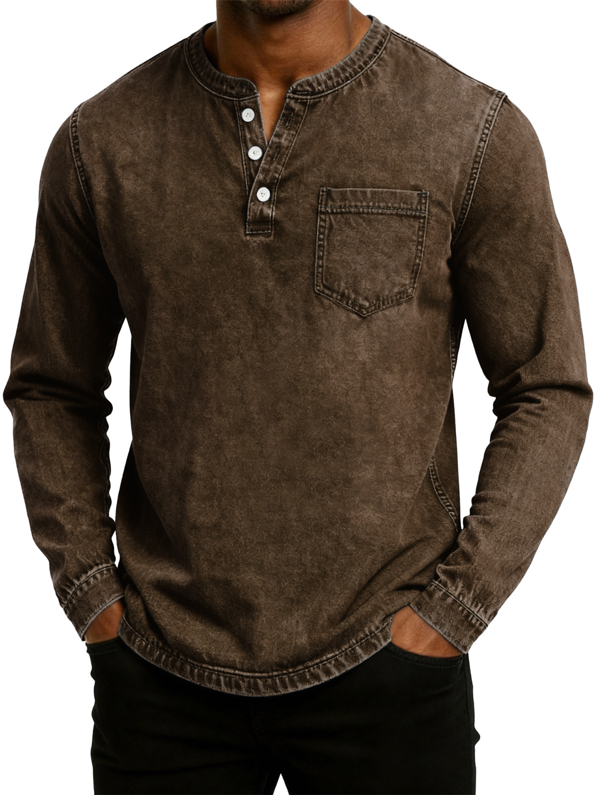 Men's Retro Fashion Washed Distressed Henley Collar Long Sleeve T-Shirt