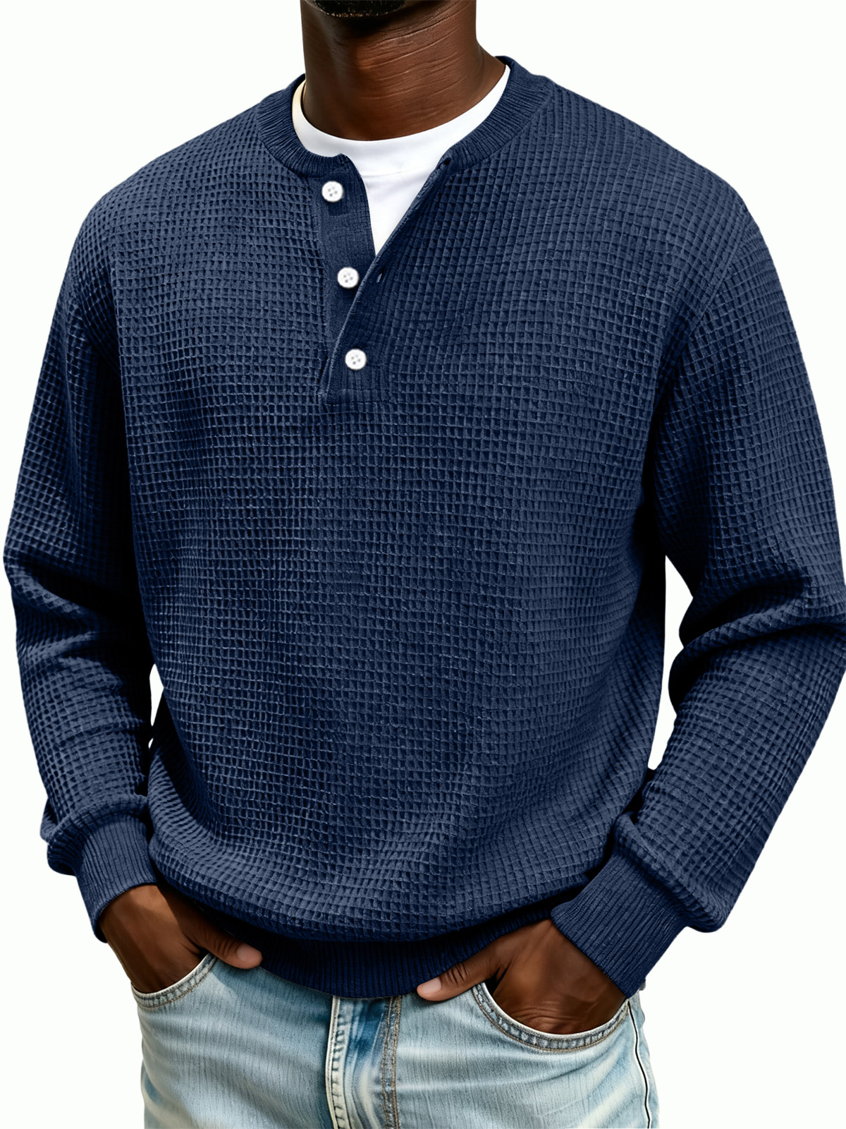 Men's Waffle Knit Henley Collar Long-Sleeve Sweatshirt
