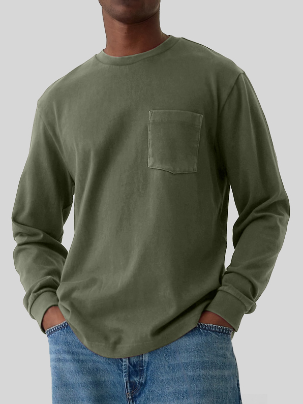Men's Round Neck Pocket Versatile Long-sleeved T-shirt
