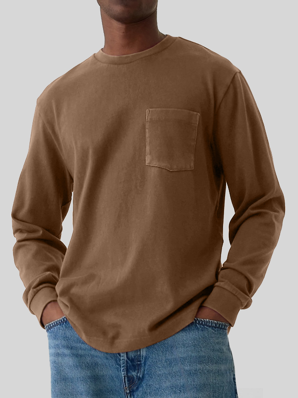 Men's Round Neck Pocket Versatile Long-sleeved T-shirt