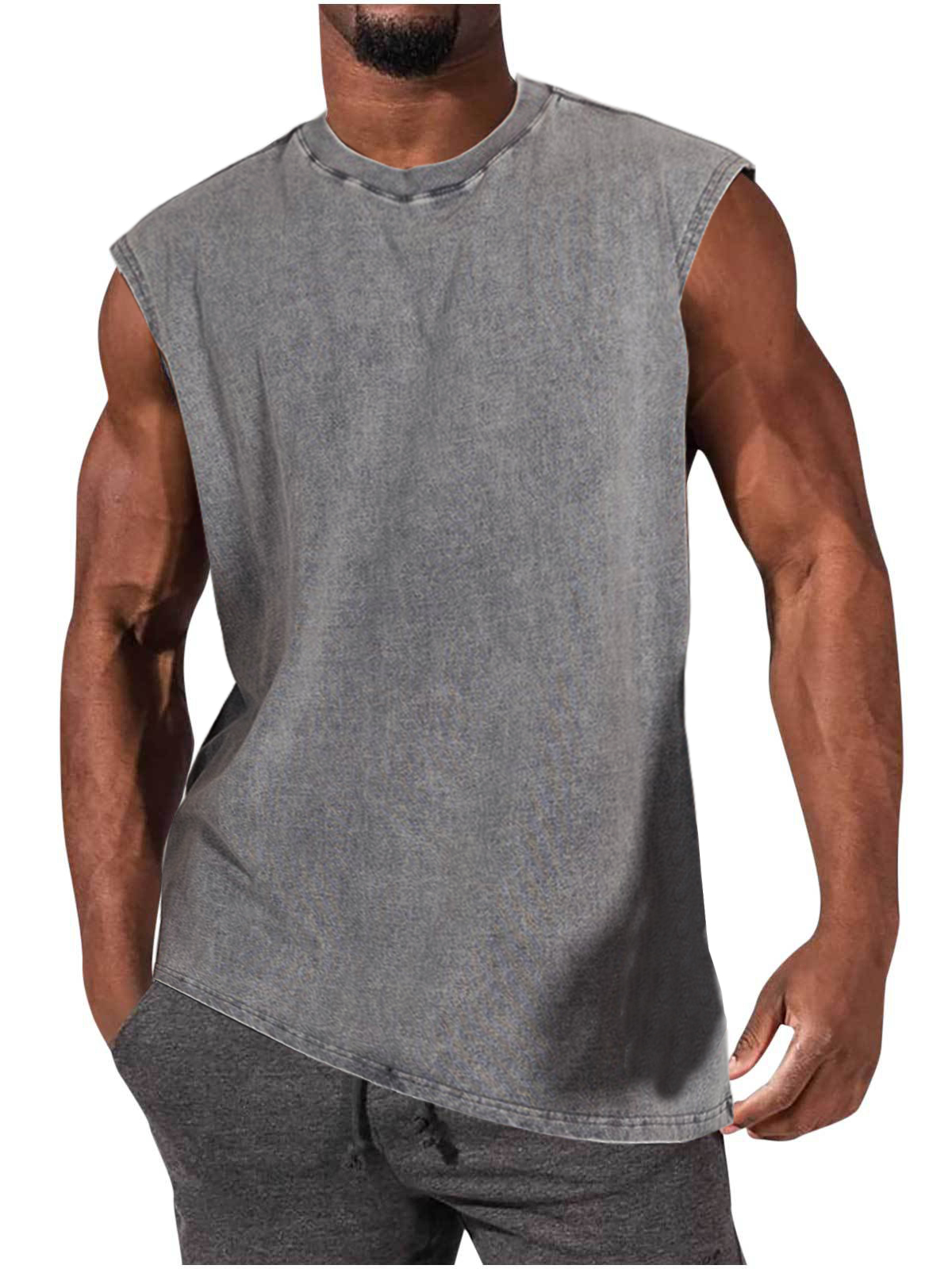Men's 100% Cotton Washed And Distressed Vintage Round Neck Sleeveless Sports Tank Top