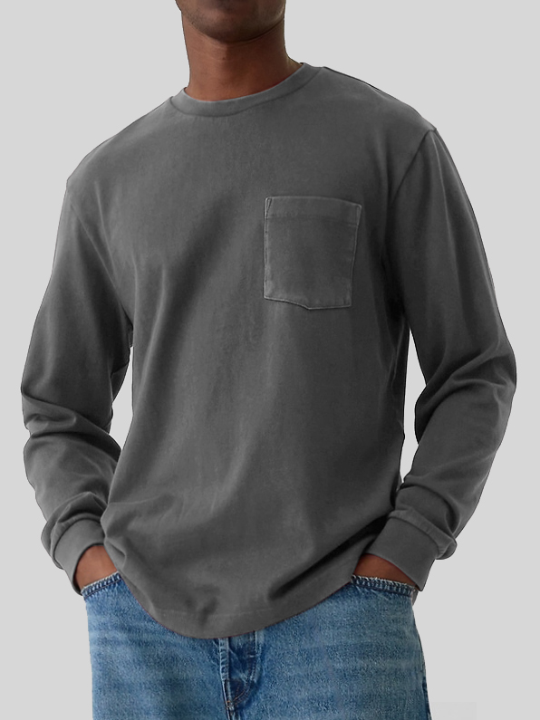 Men's Round Neck Pocket Versatile Long-sleeved T-shirt