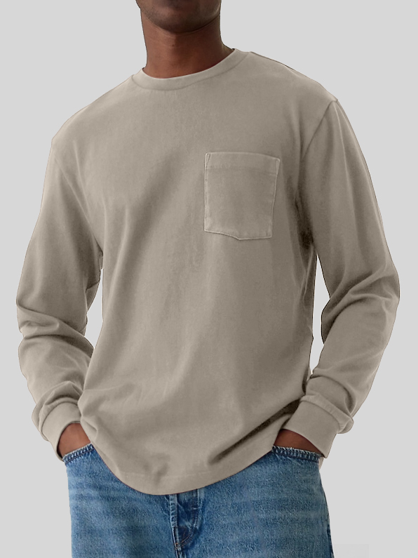 Men's Round Neck Pocket Versatile Long-sleeved T-shirt