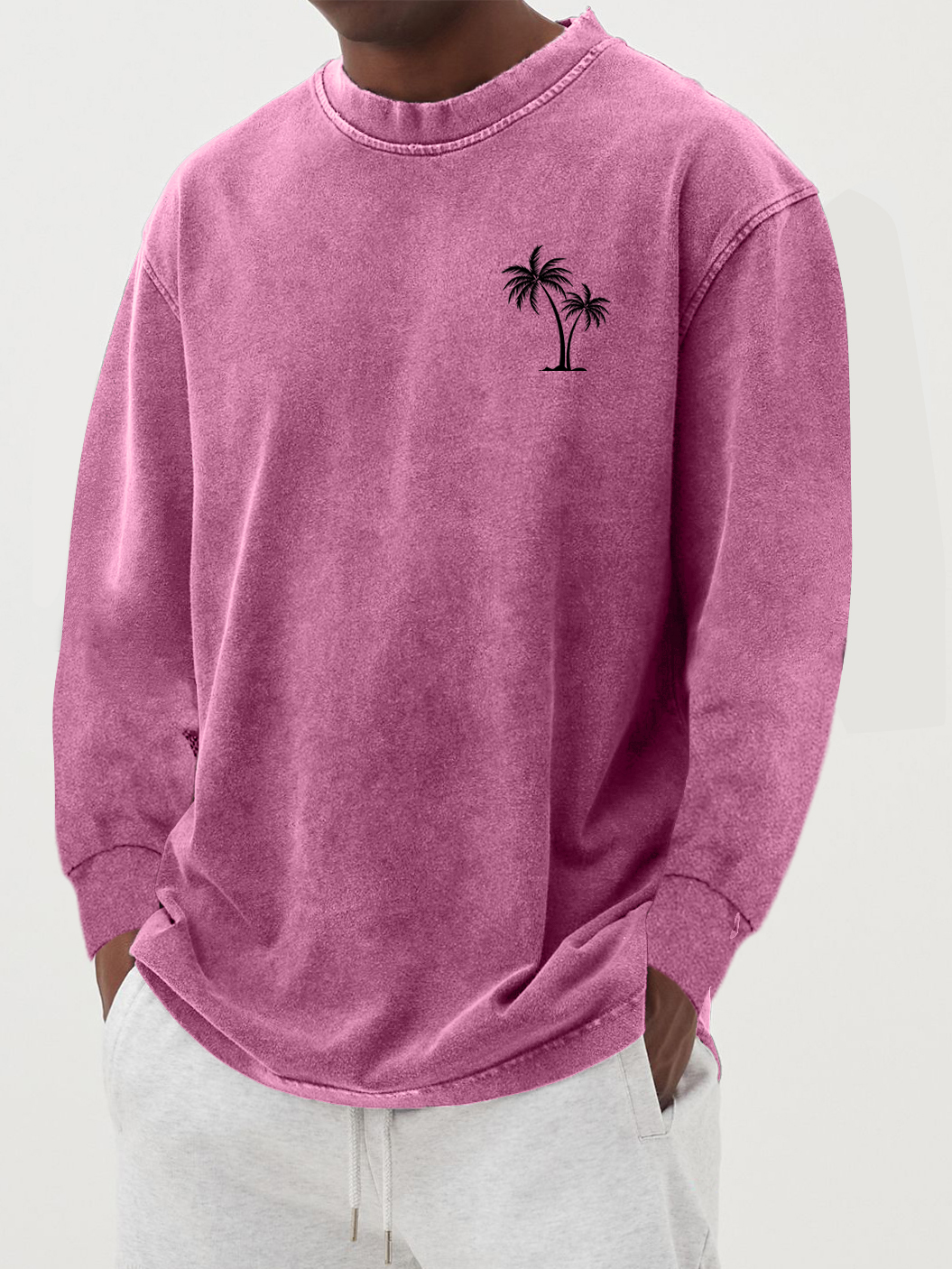 Men's 100% Cotton Vintage Washed Distressed Palm Tree Long-sleeved T-shirt