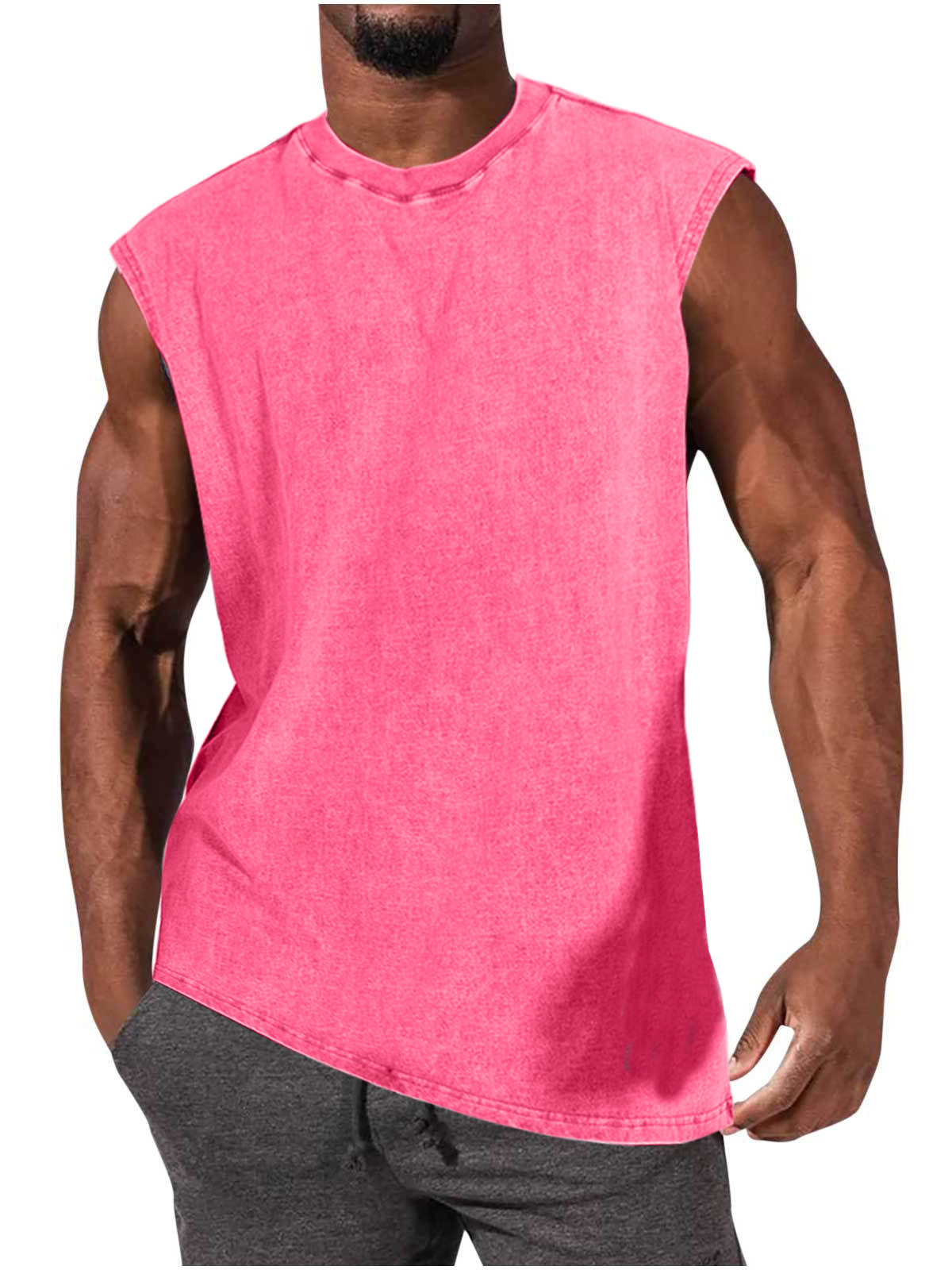 Men's 100% Cotton Washed And Distressed Vintage Round Neck Sleeveless Sports Tank Top